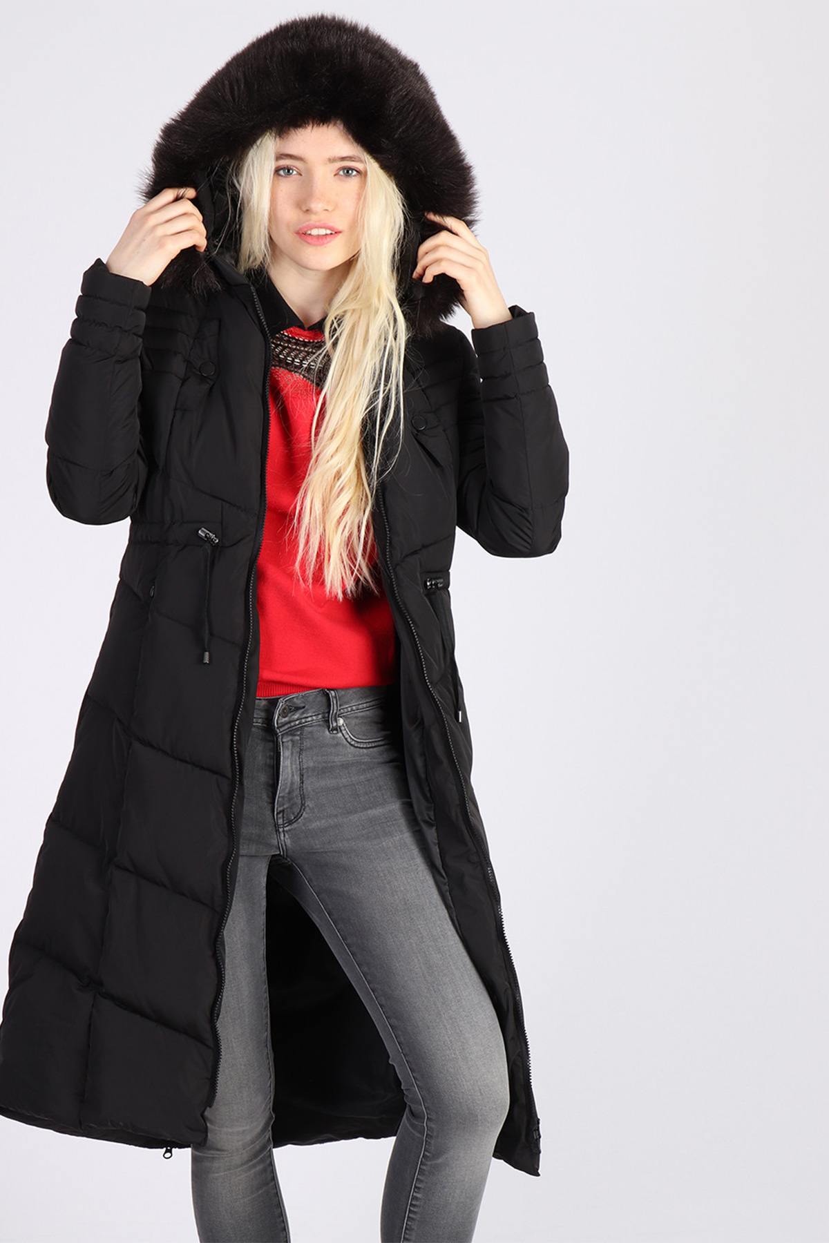 Long black down jacket with hood - Image n°1