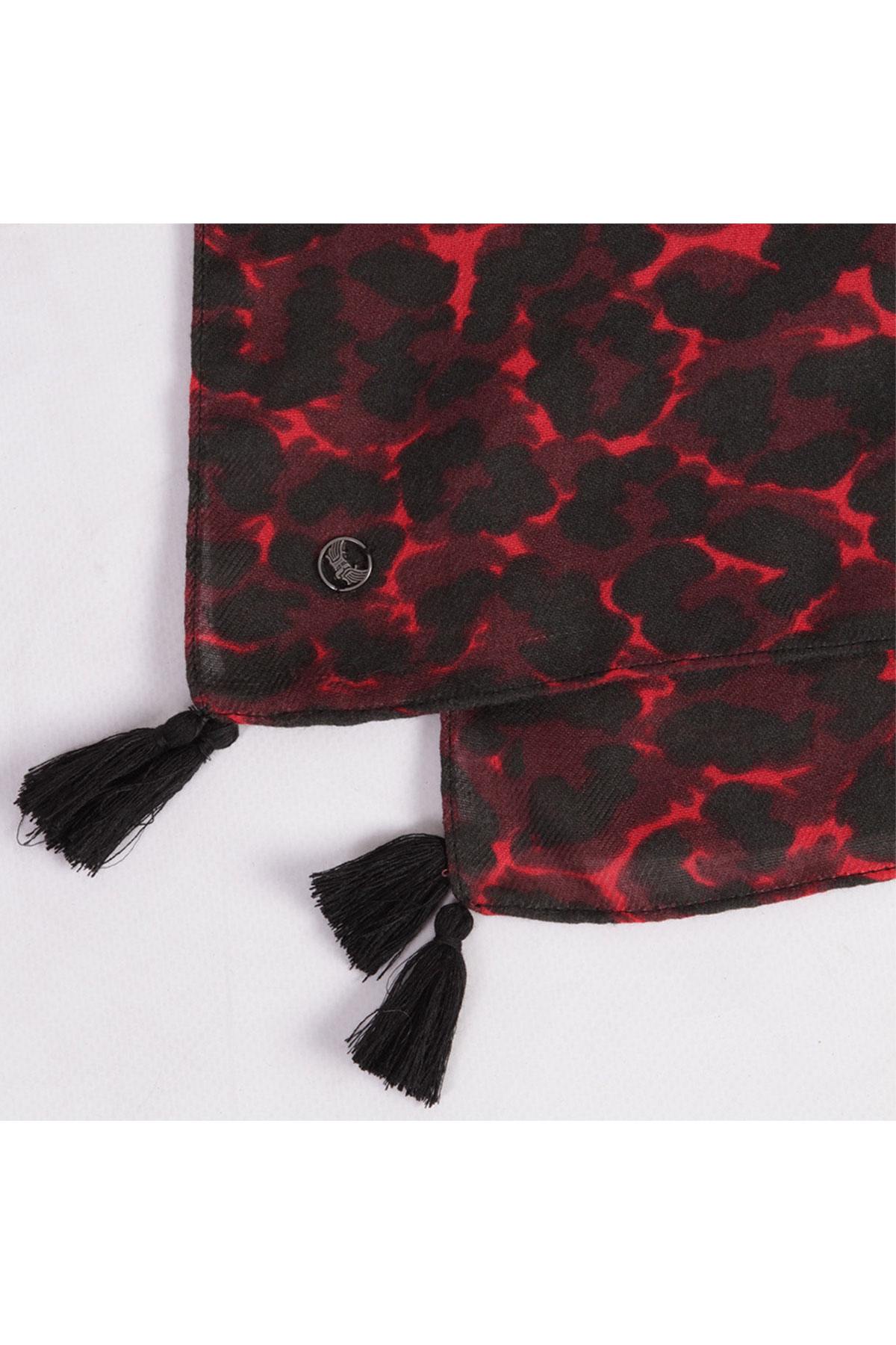 Black and red printed scarf with pompoms - Image n°4