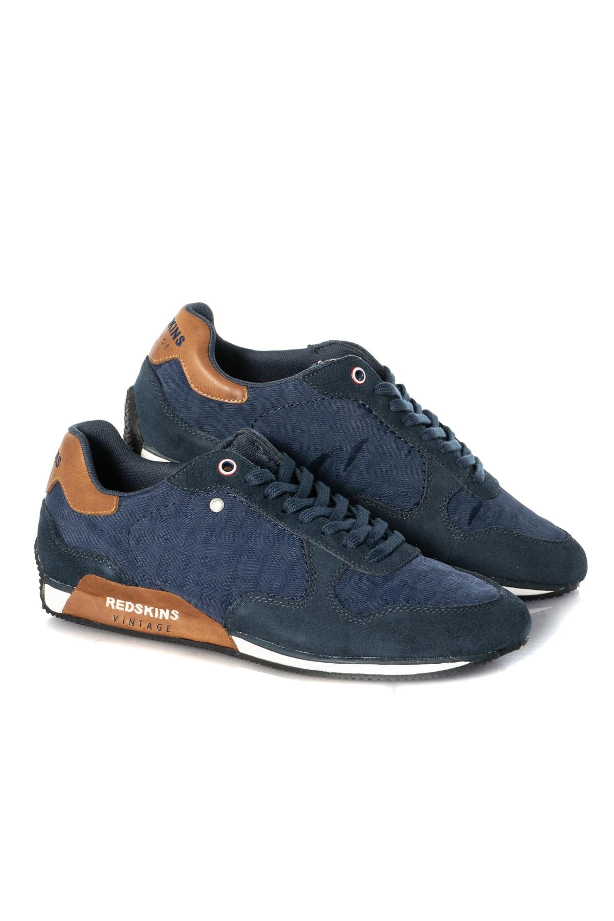 Cognac navy blue velvet look bi-material sneakers - Image n°1