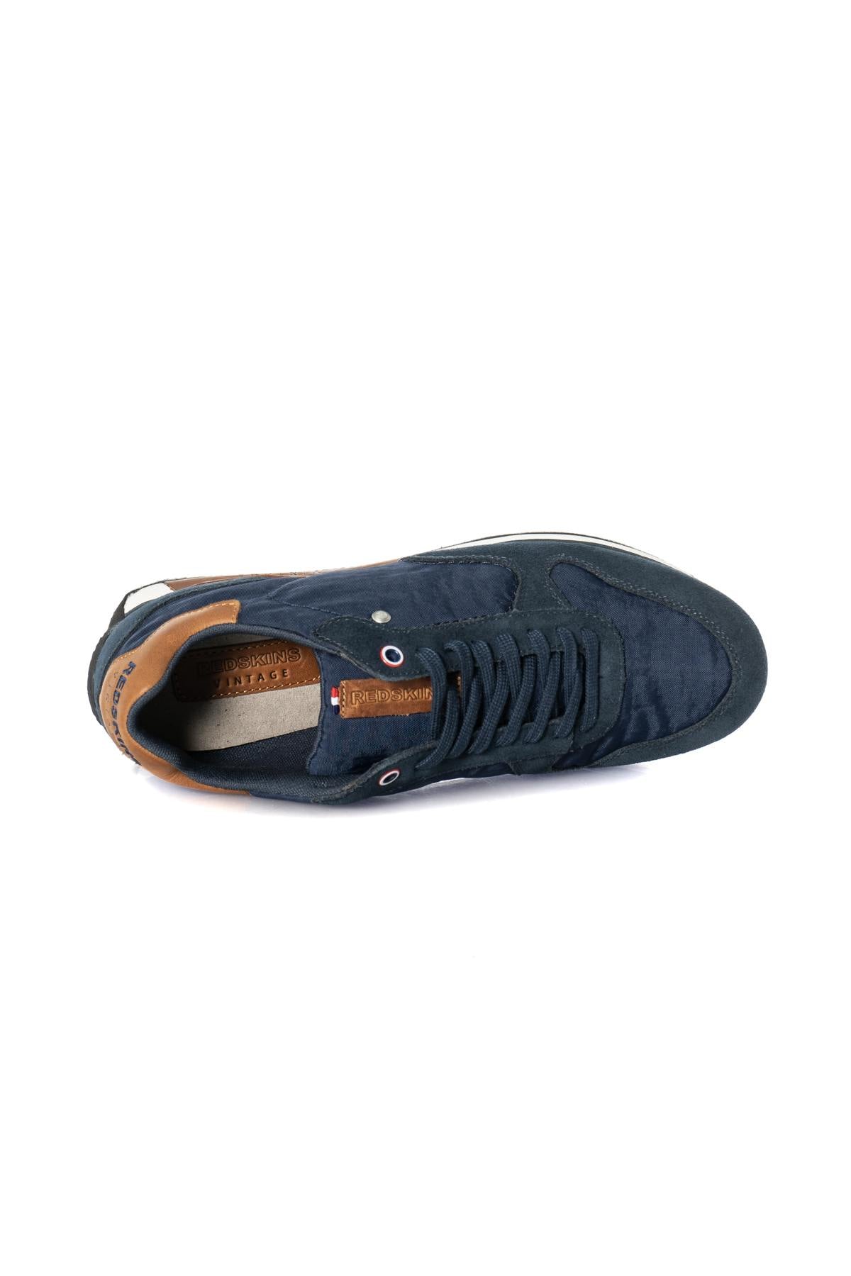 Cognac navy blue velvet look bi-material sneakers - Image n°3