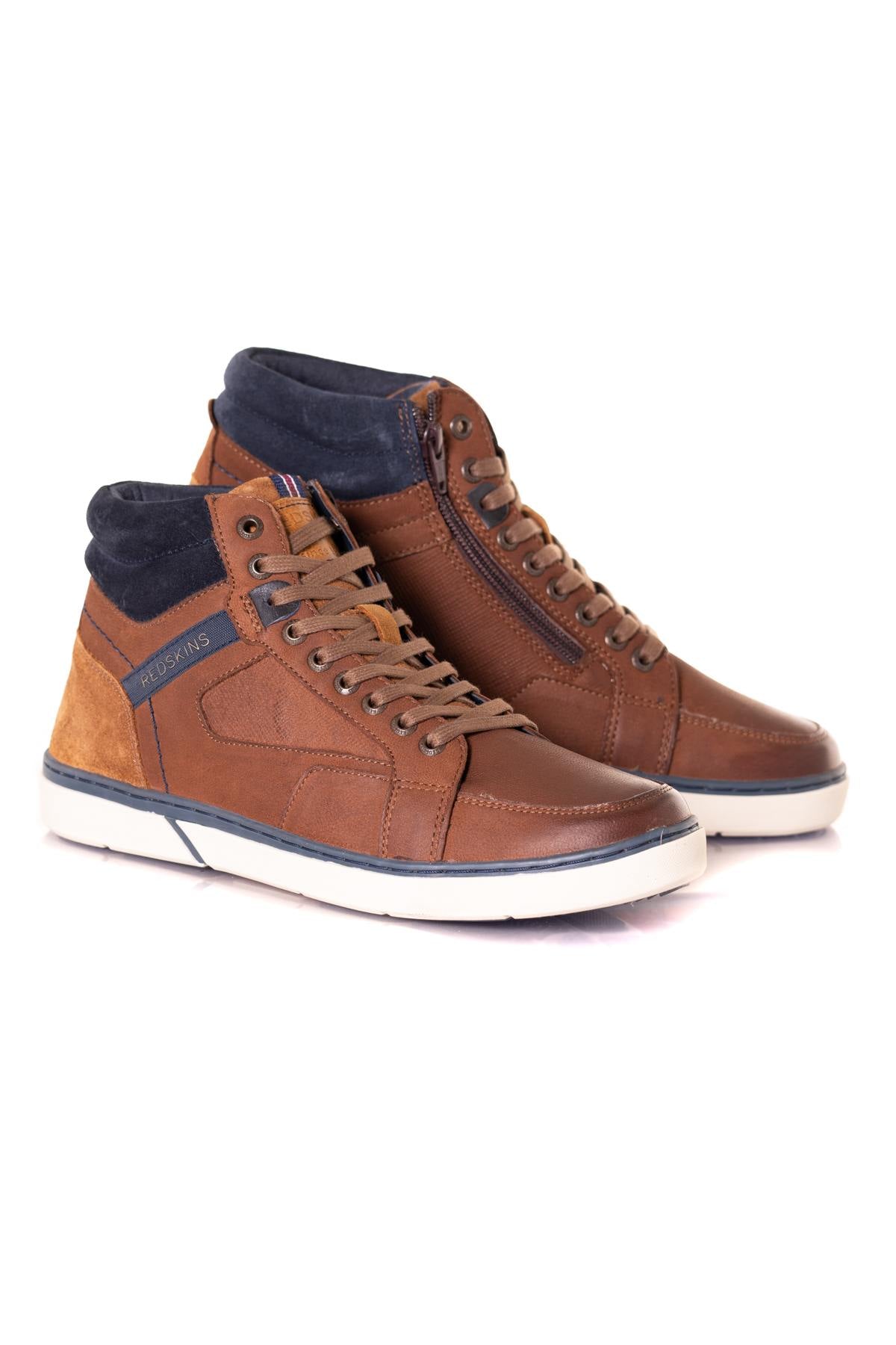 Brown and blue leather high-top shoes - Image n°1