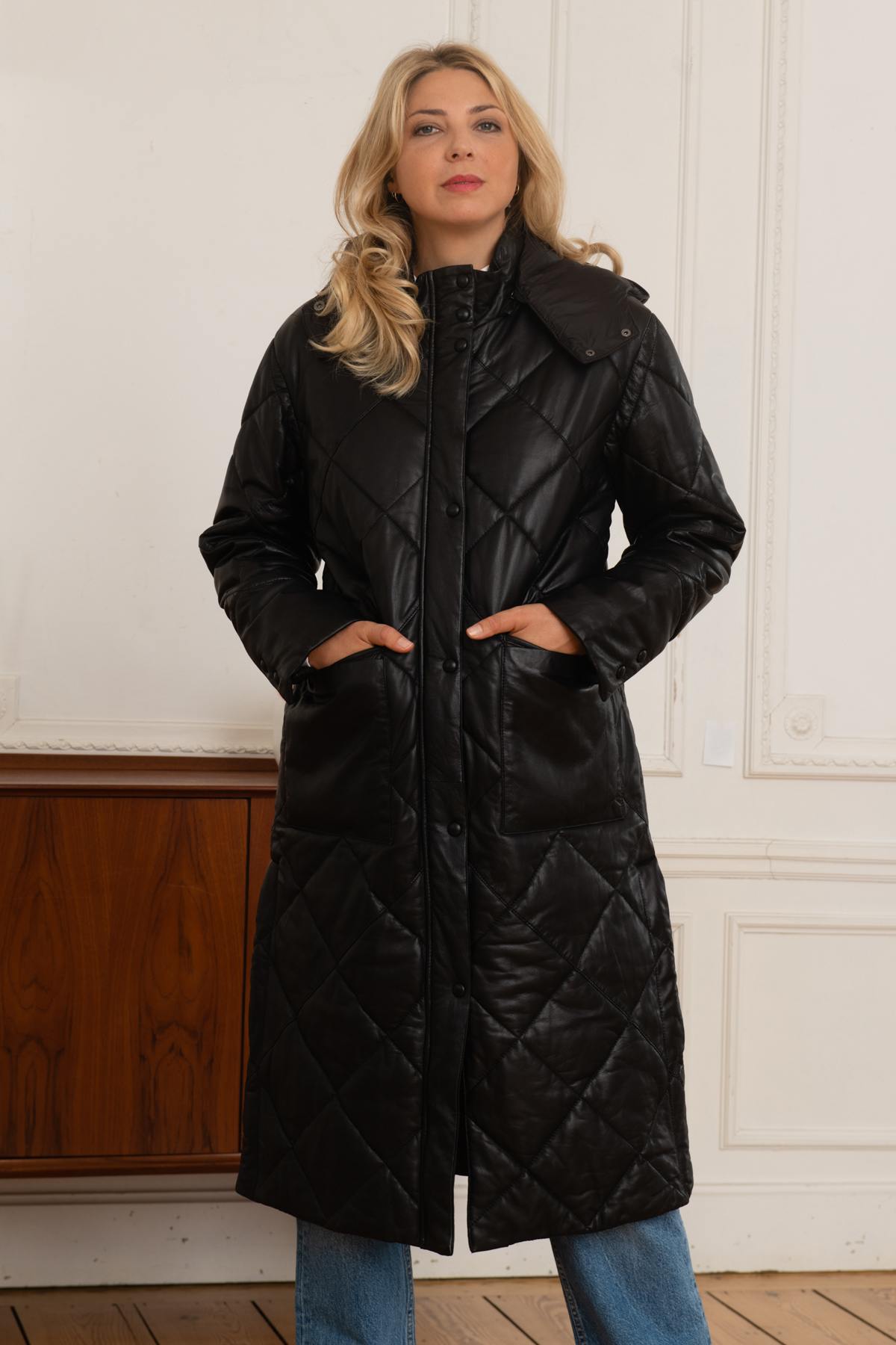 Black leather quilted coat - Image n°3