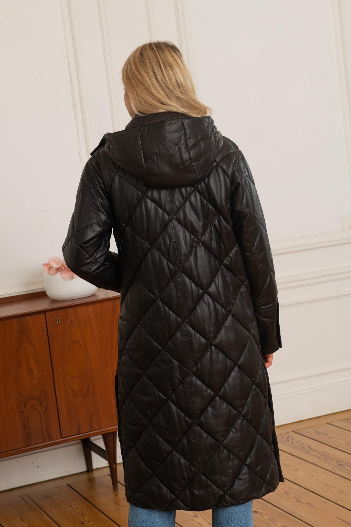 Black leather quilted coat - Image n°6