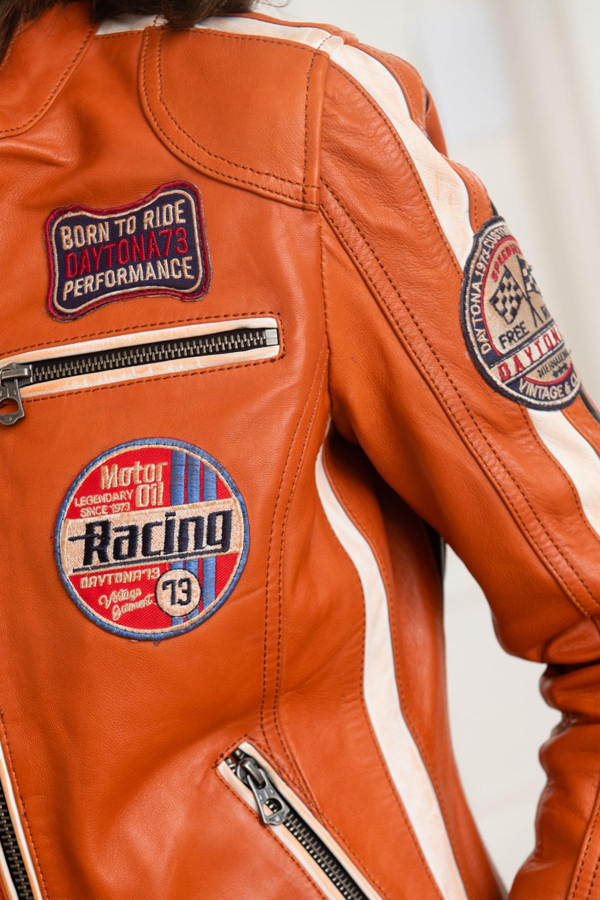 Orange racer-style leather jacket - Image n°6