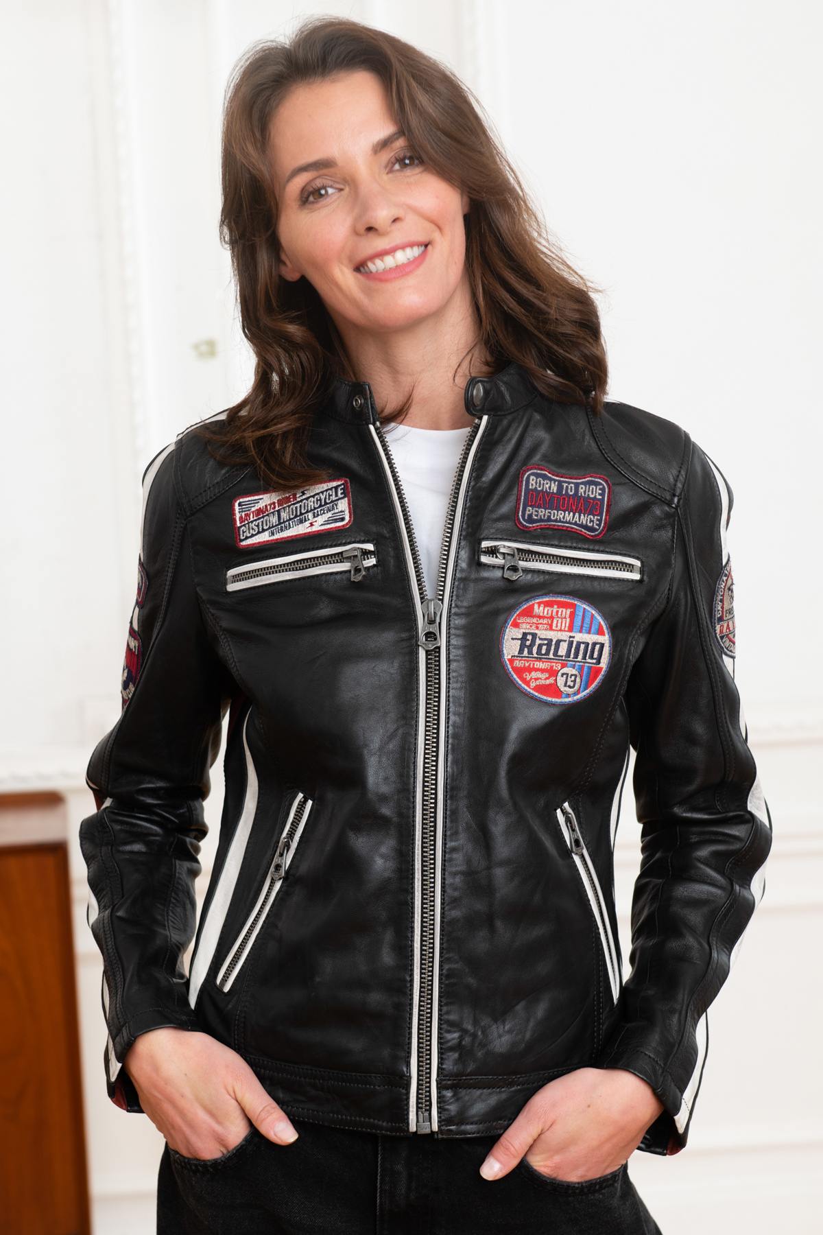 Black racer-style leather jacket - Image n°4