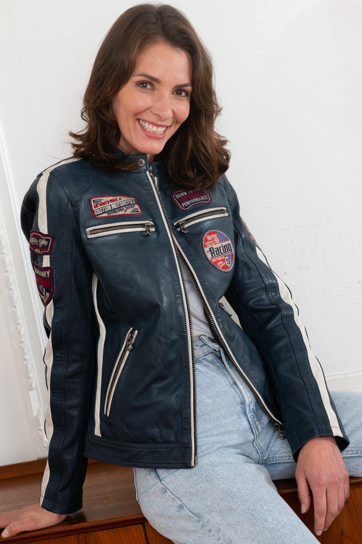 Navy blue racer-style leather jacket - Image n°1