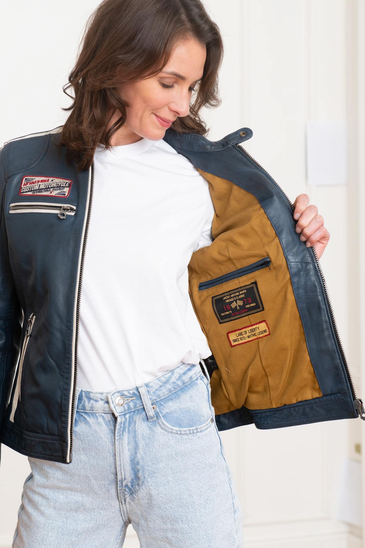 Navy blue racer-style leather jacket - Image n°3