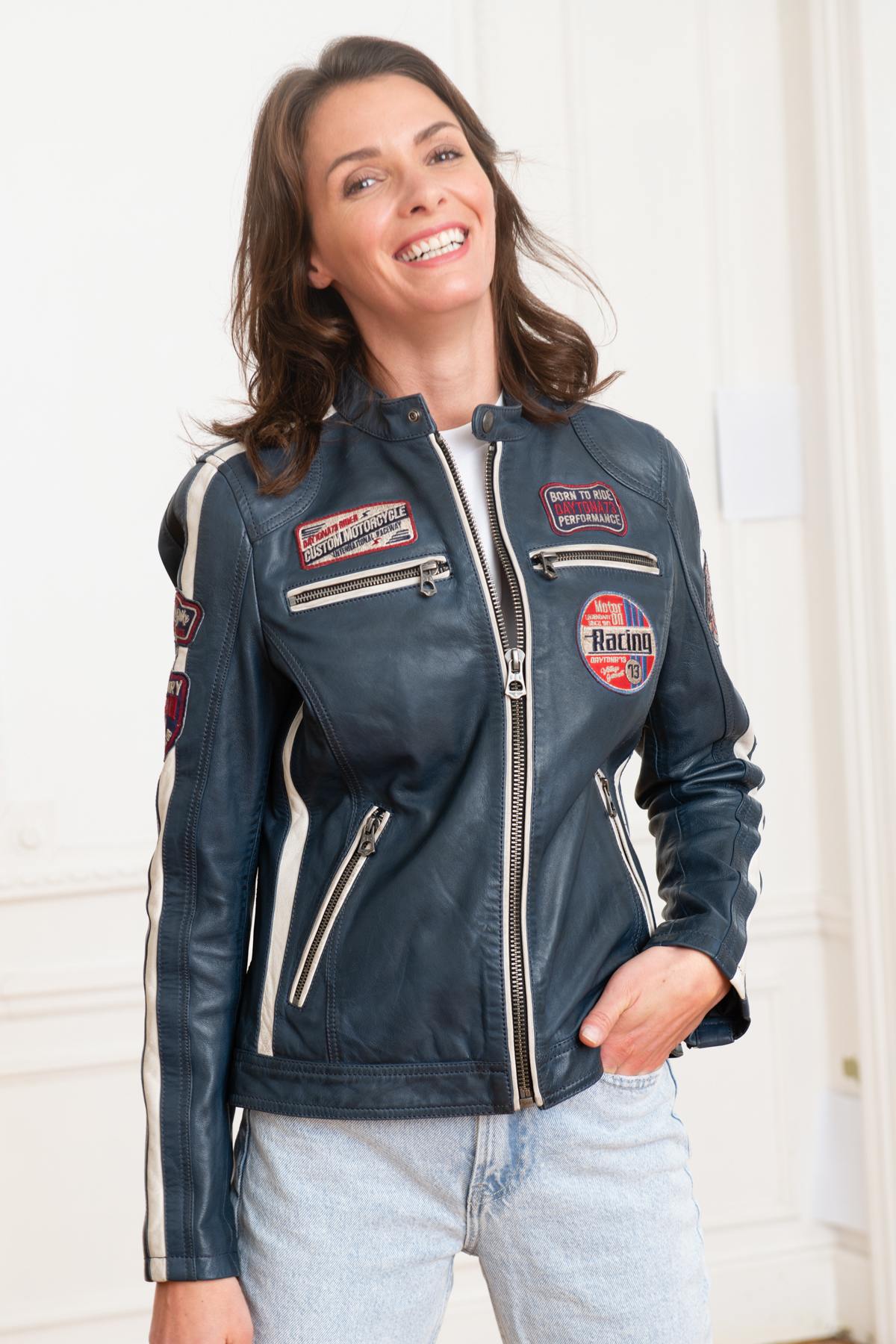 Navy blue racer-style leather jacket - Image n°4