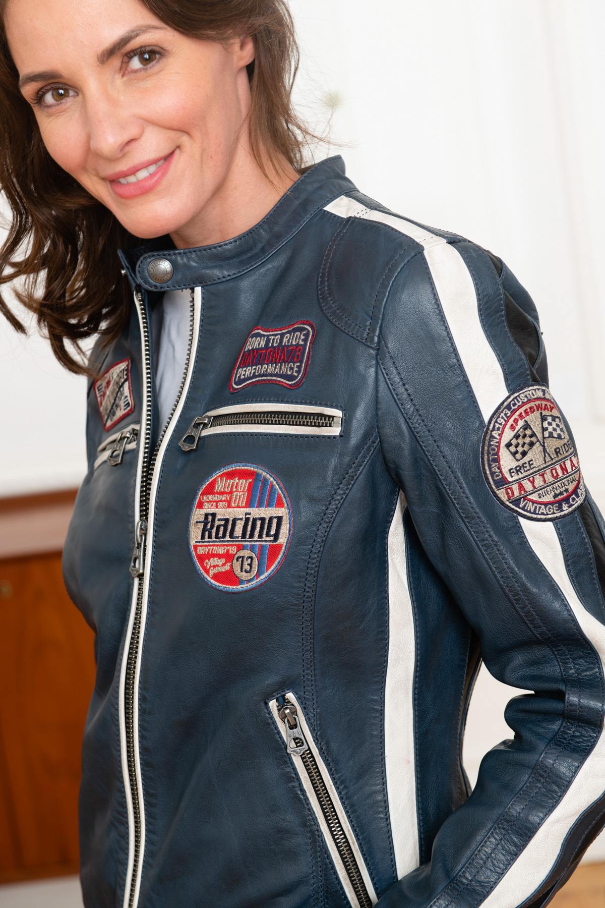 Navy blue racer-style leather jacket - Image n°6