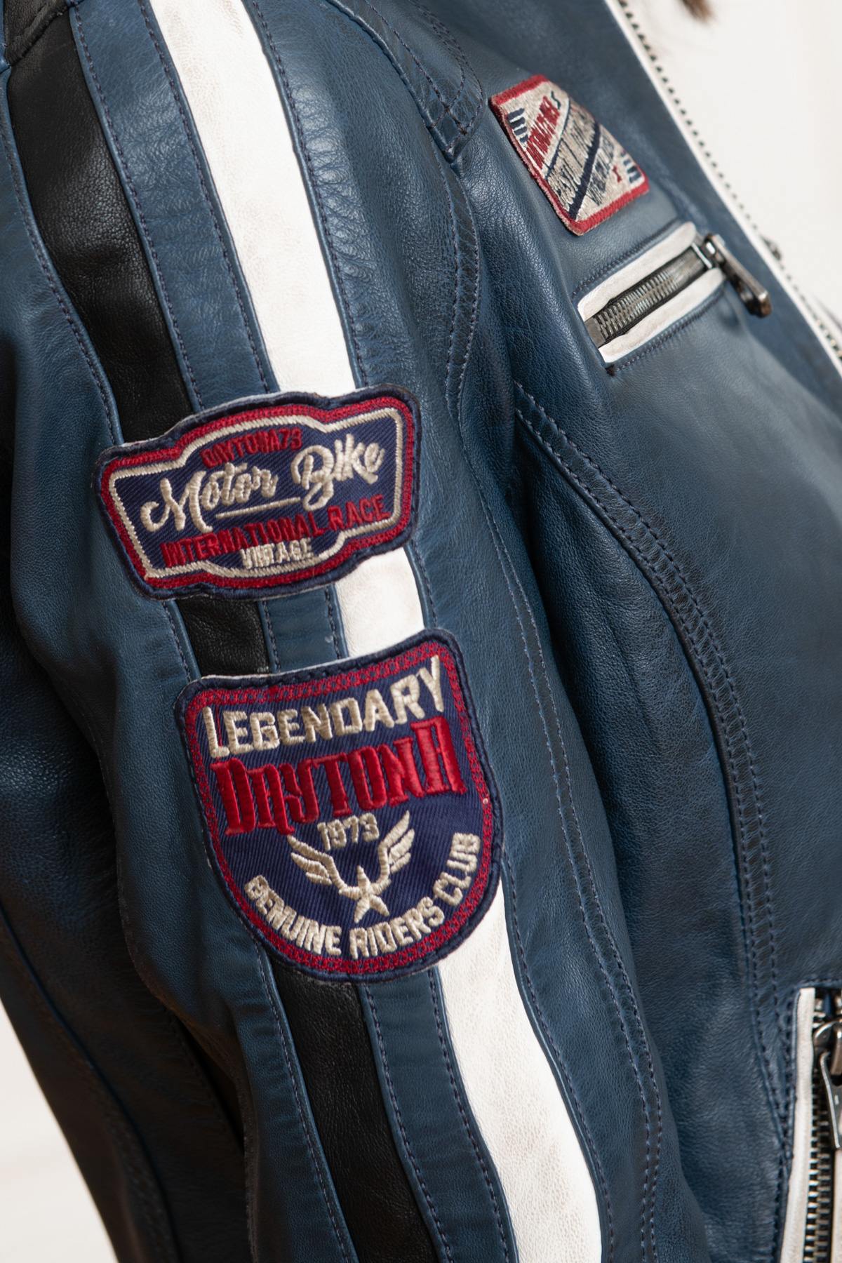 Navy blue racer-style leather jacket - Image n°7