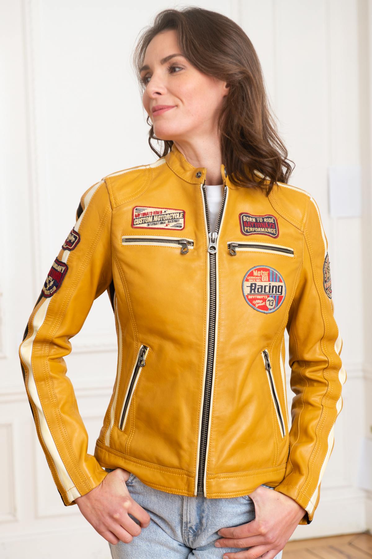 Yellow racer-style leather jacket - Image n°4