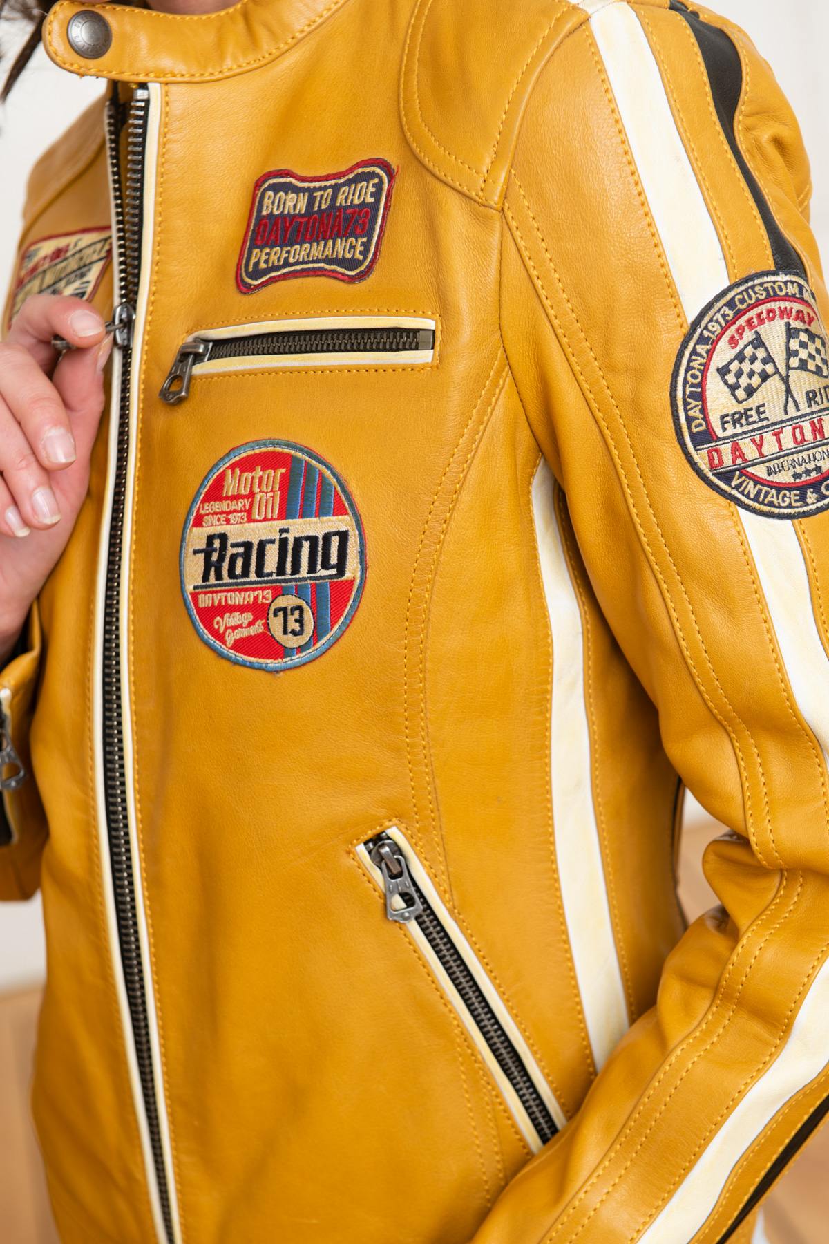 Yellow racer-style leather jacket - Image n°7