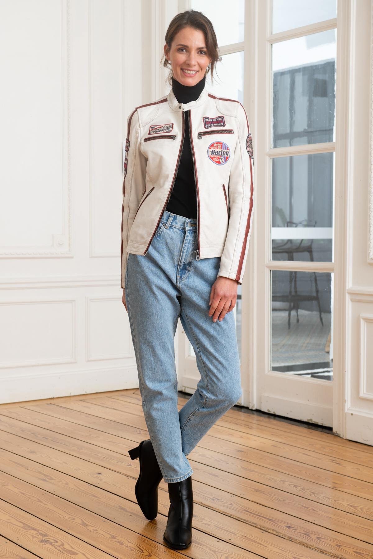 White racer-style leather jacket - Image n°2