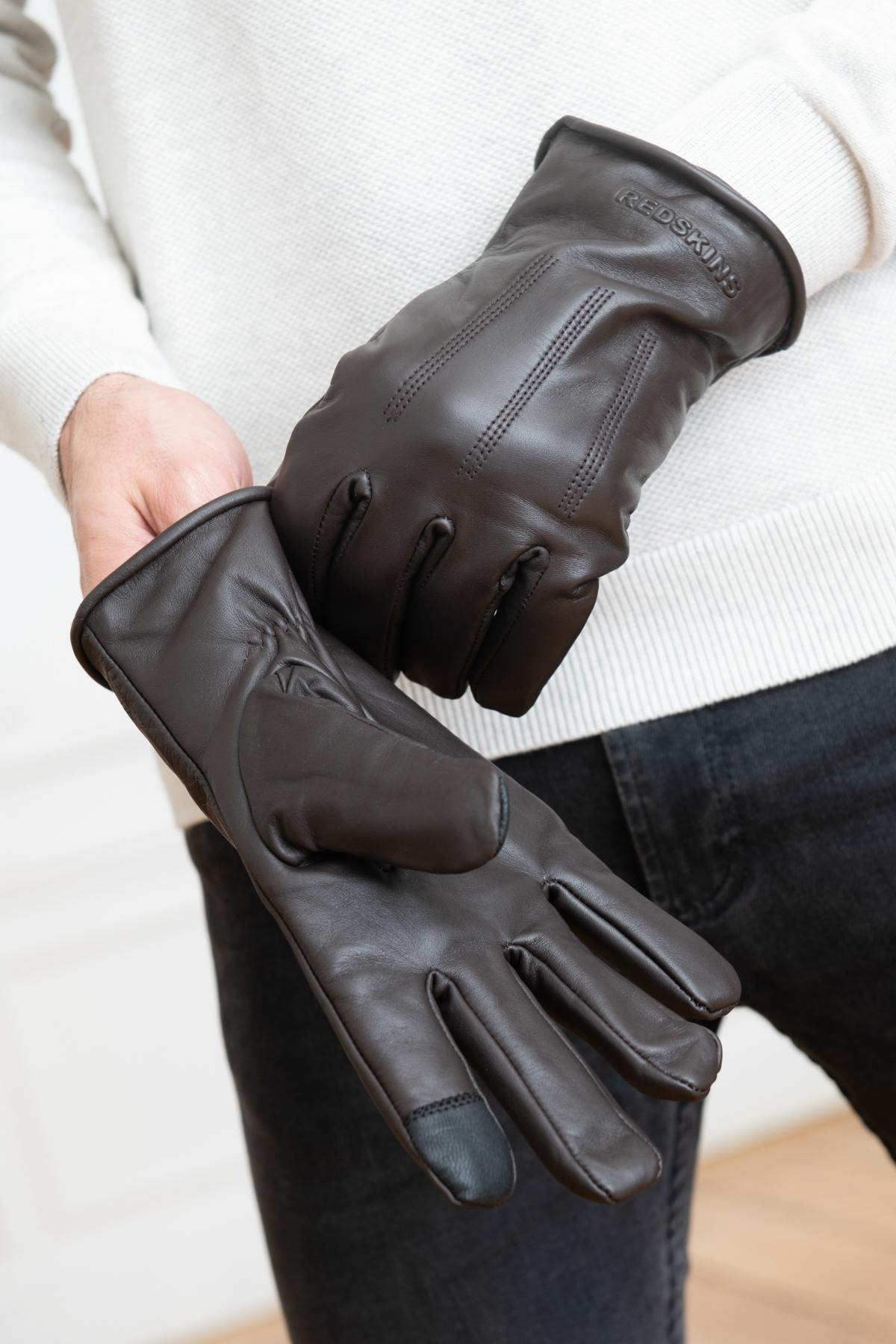 Brown cowhide leather gloves - Image n°1