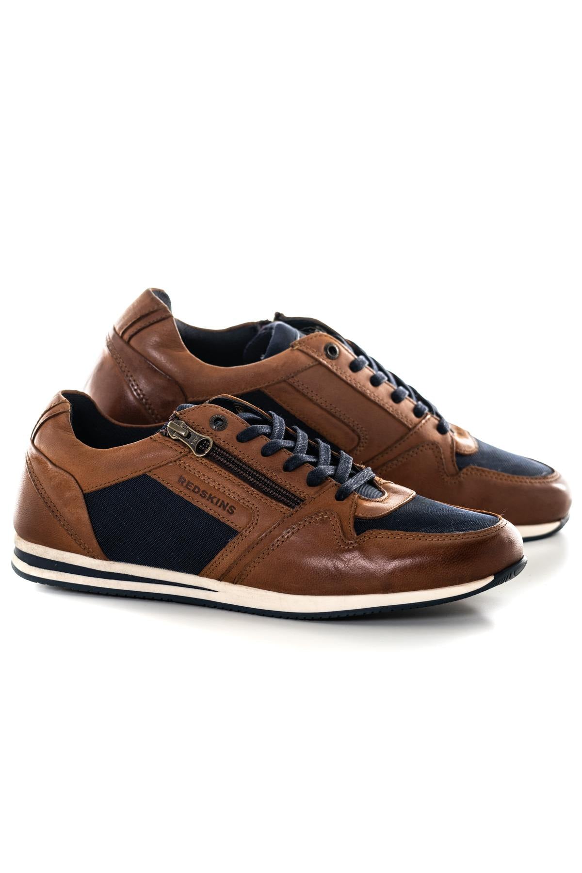 Navy cognac leather sneakers - Image n°1