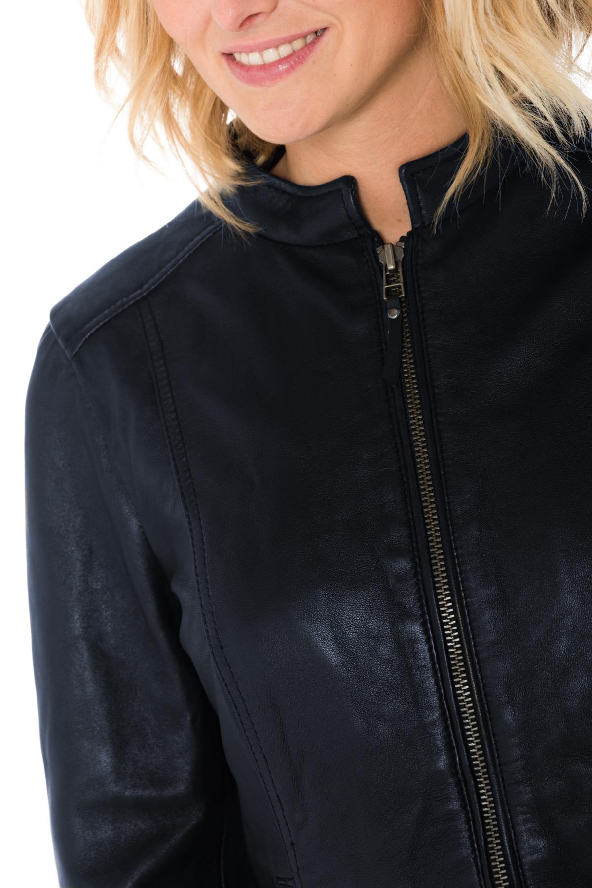 Women's navy blue leather mandarin collar jacket - Image n°6