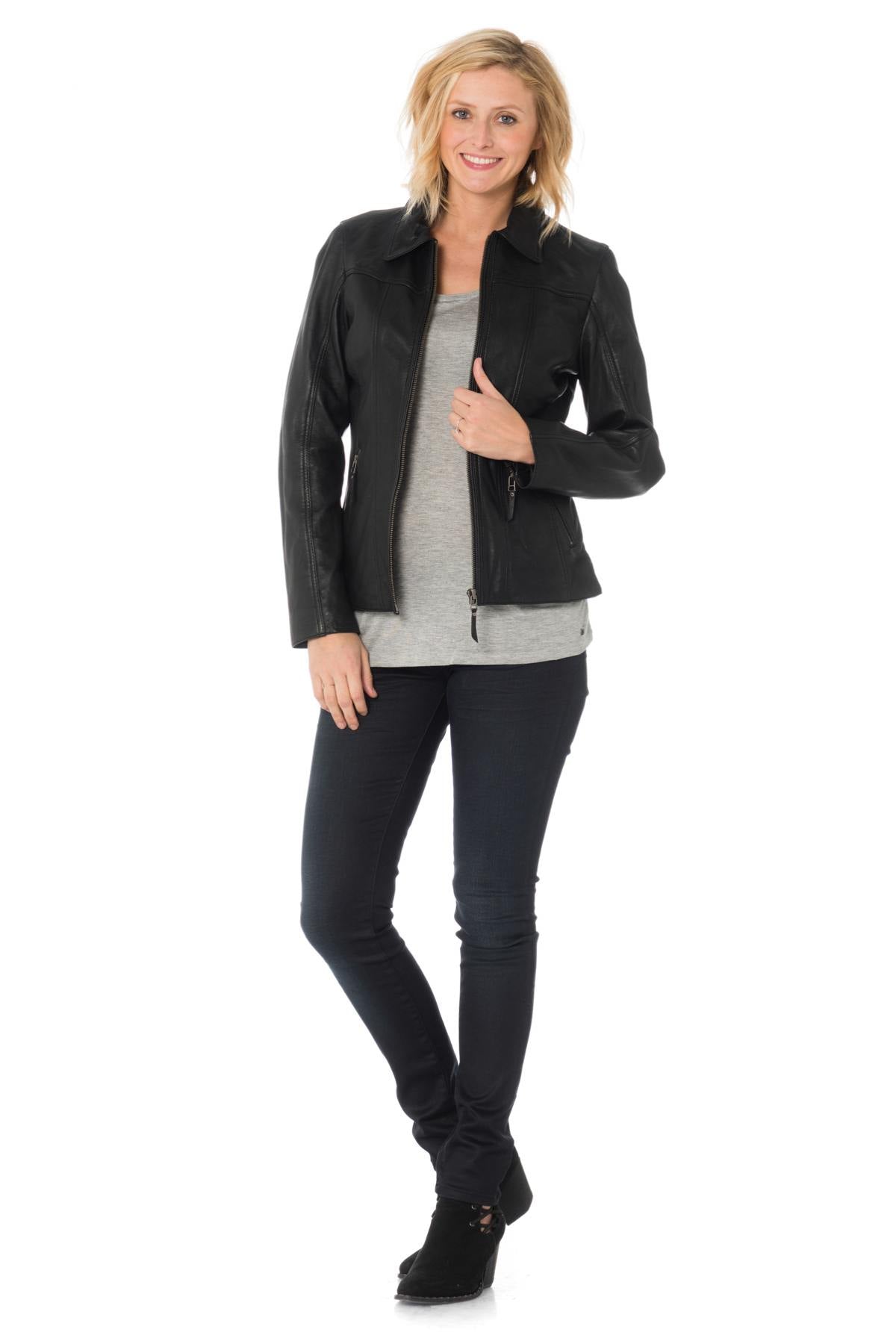 Women's black leather jacket with shirt collar - Image n°2