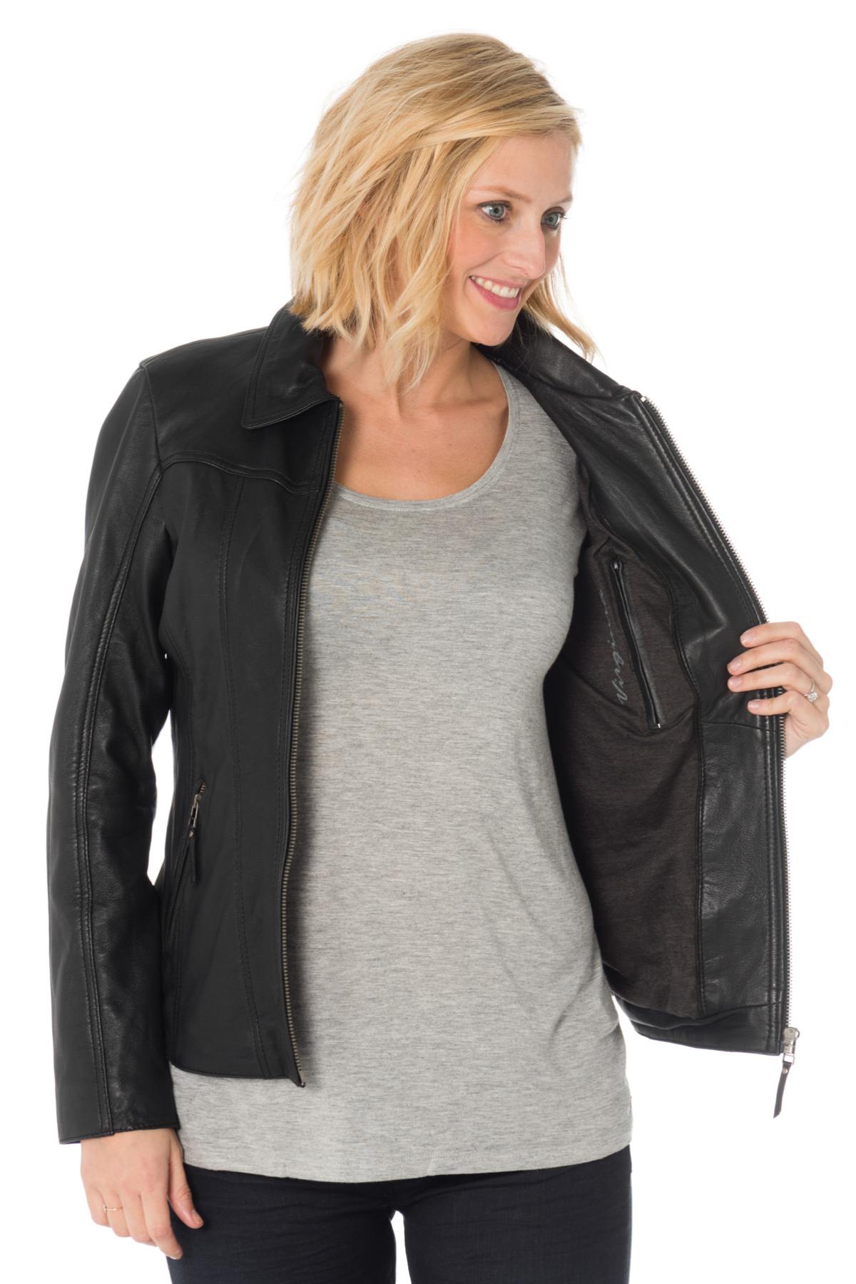 Women's black leather jacket with shirt collar - Image n°5