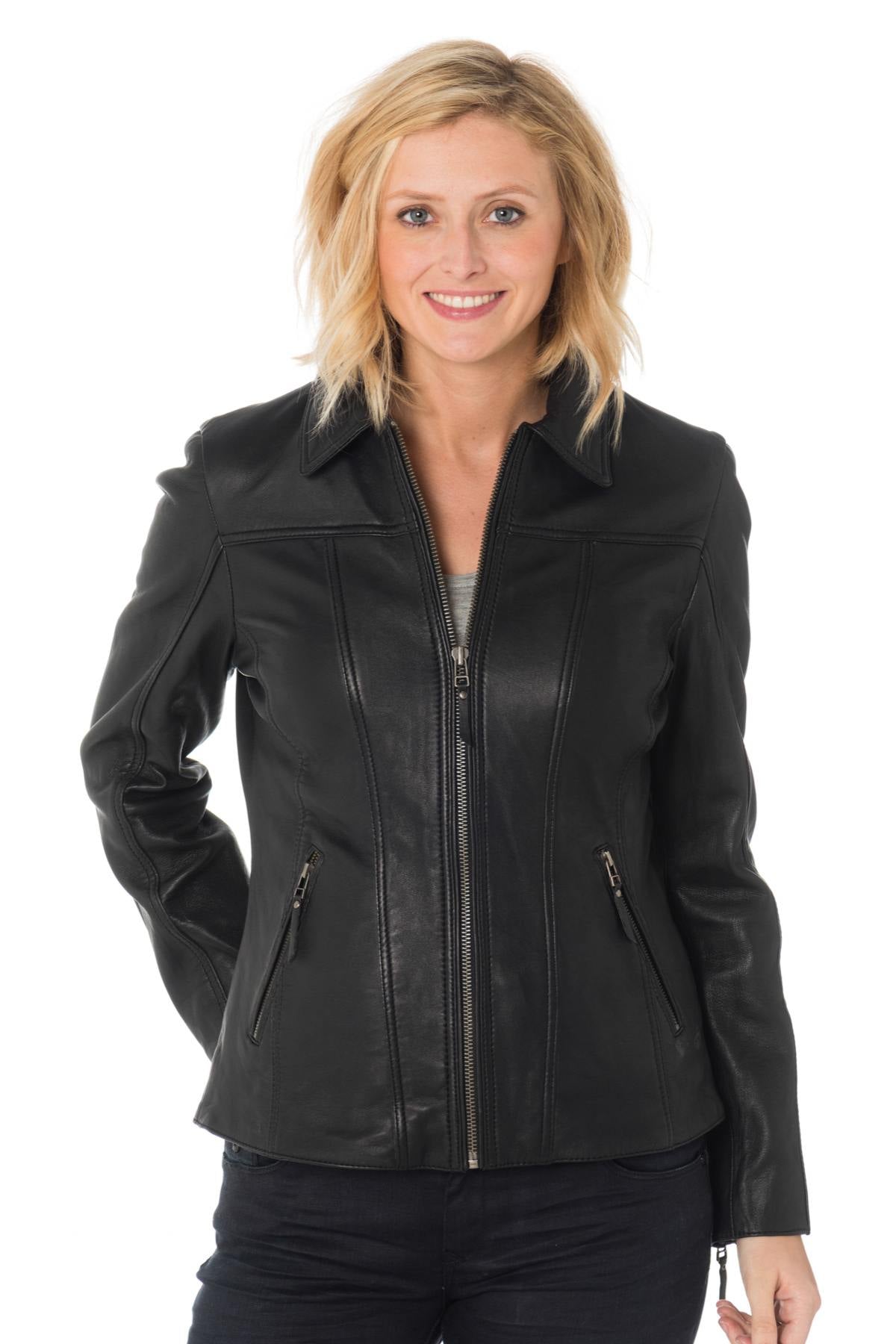 Women's black leather jacket with shirt collar - Image n°3