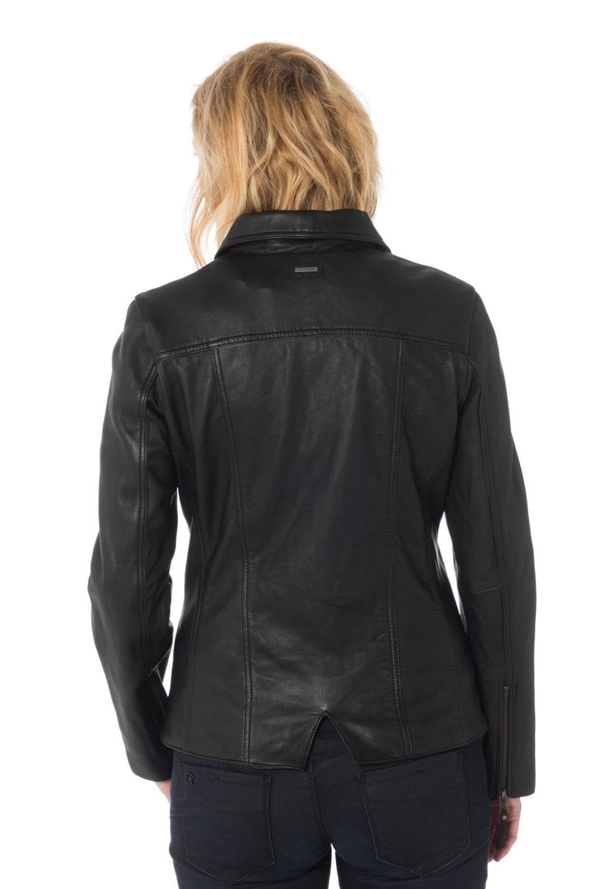 Women's black leather jacket with shirt collar - Image n°4