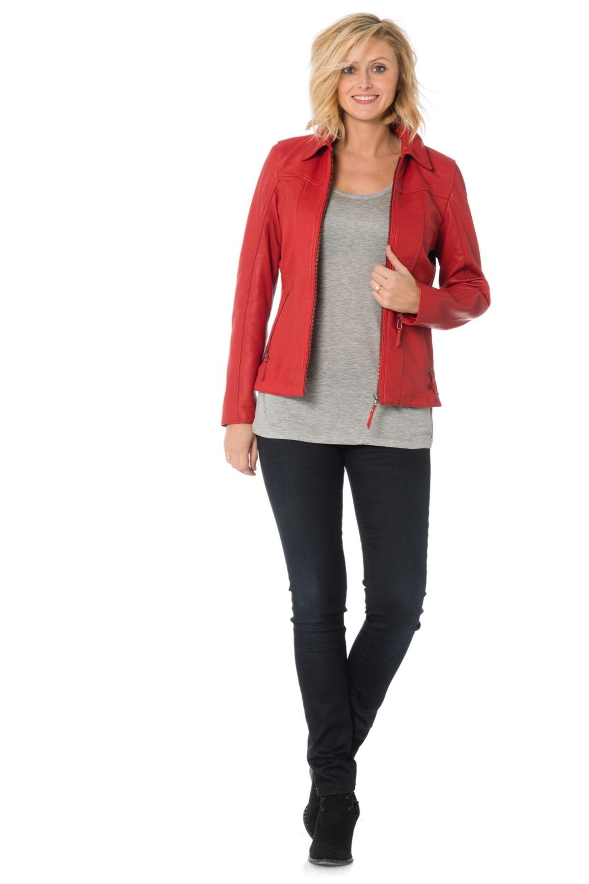 Cityzen women's red sheepskin leather jacket with shirt collar - Image n°2