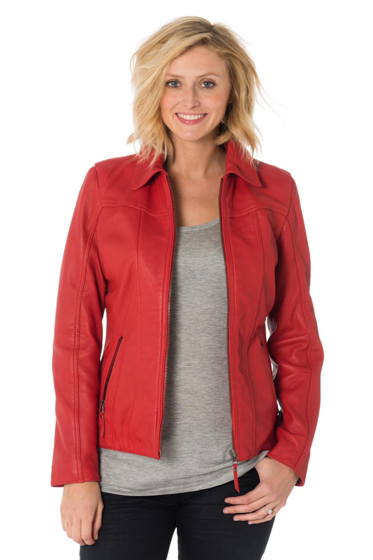 Cityzen women's red sheepskin leather jacket with shirt collar - Image n°1