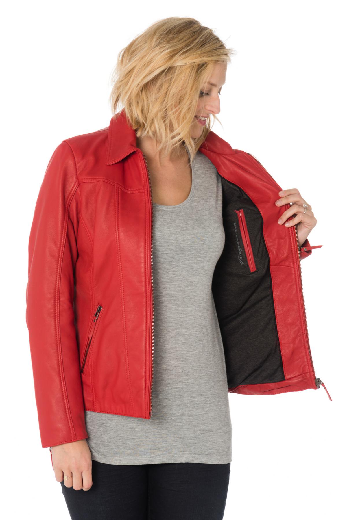 Cityzen women's red sheepskin leather jacket with shirt collar - Image n°6