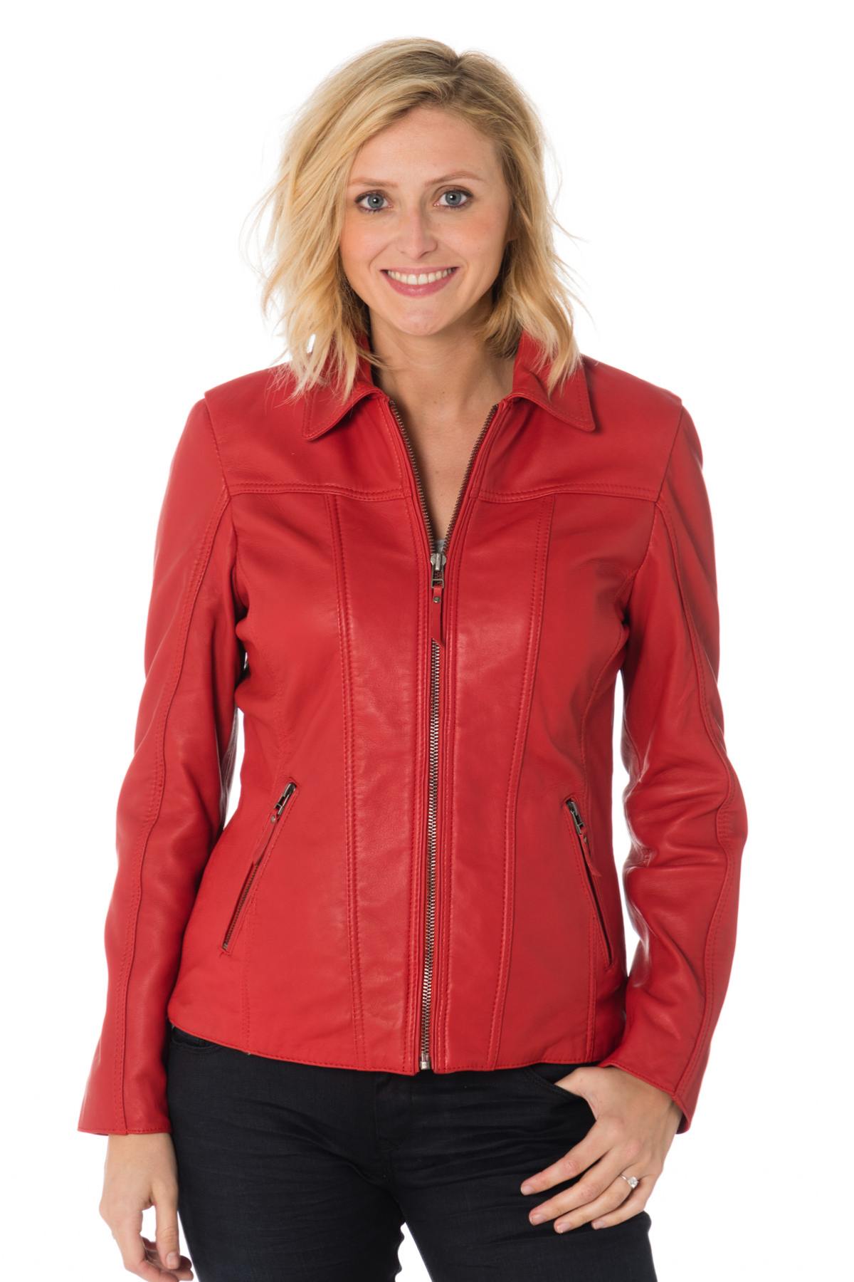 Cityzen women's red sheepskin leather jacket with shirt collar - Image n°3