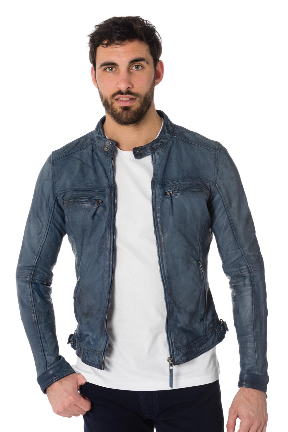 Men's vintage blue leather jacket - Image n°3