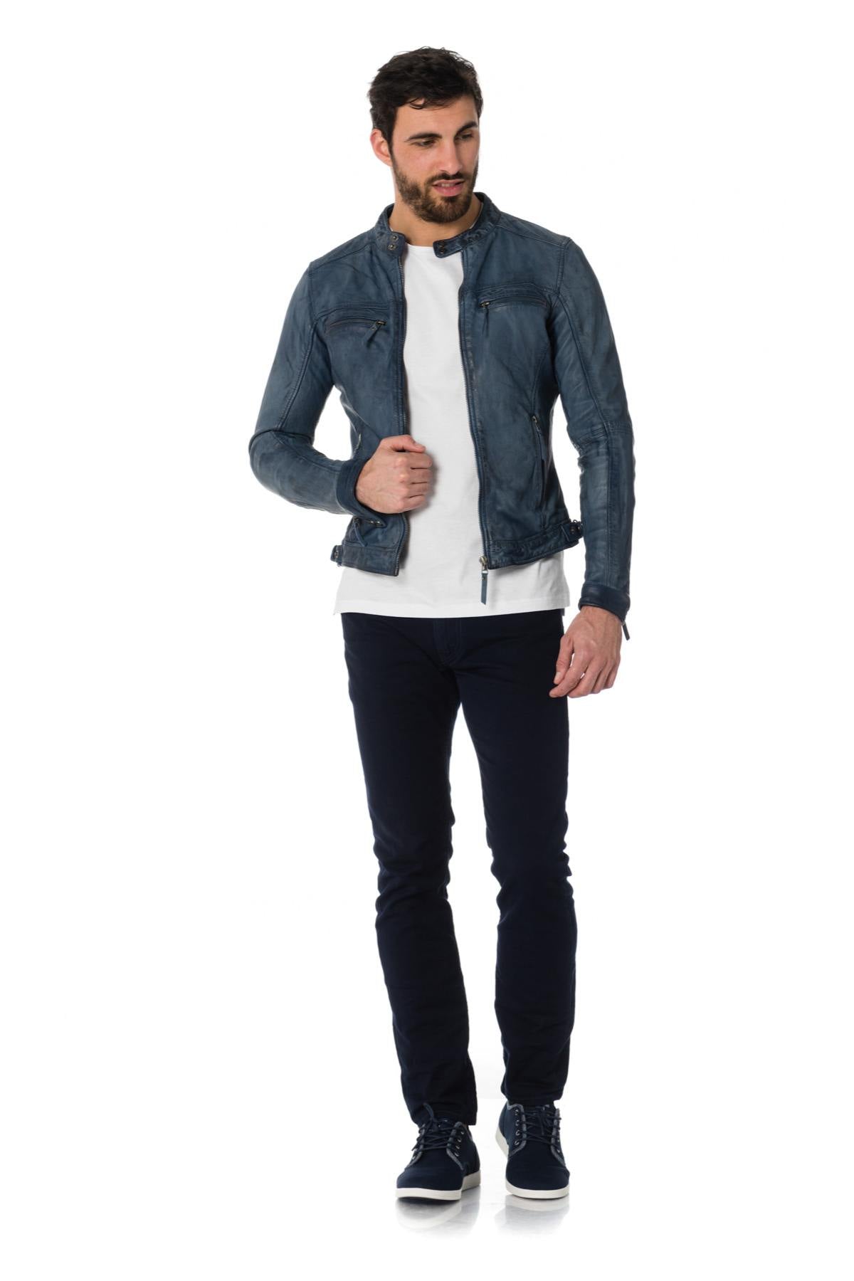 Men's vintage blue leather jacket - Image n°2