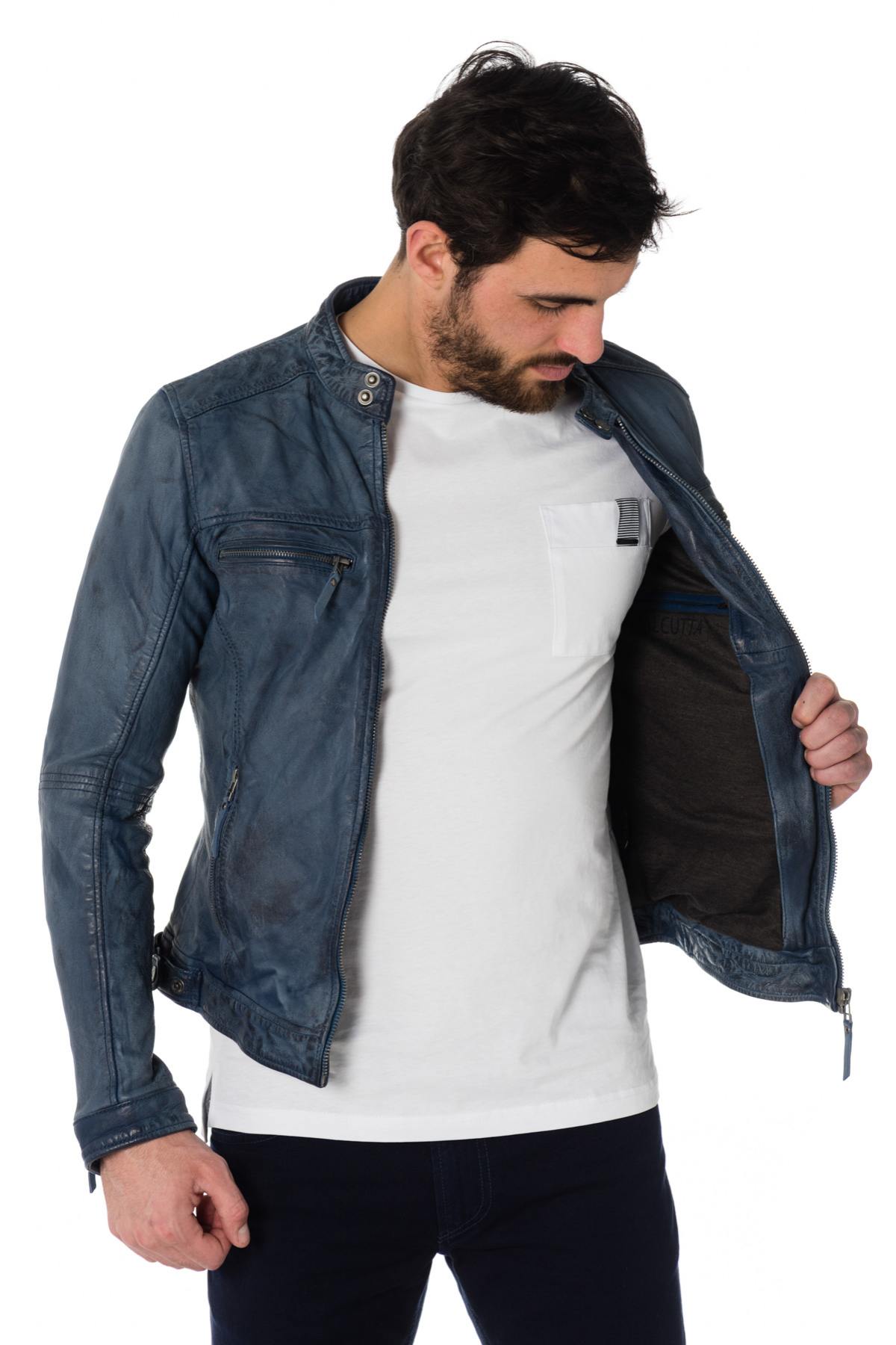 Men's vintage blue leather jacket - Image n°4