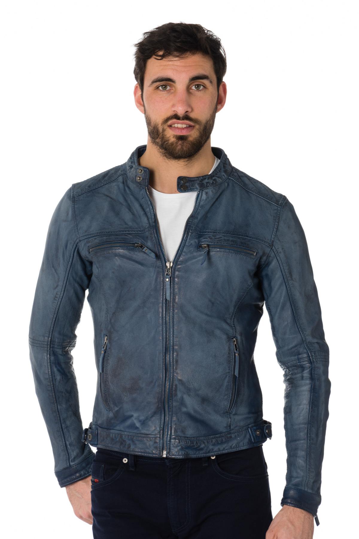 Men's vintage blue leather jacket - Image n°1