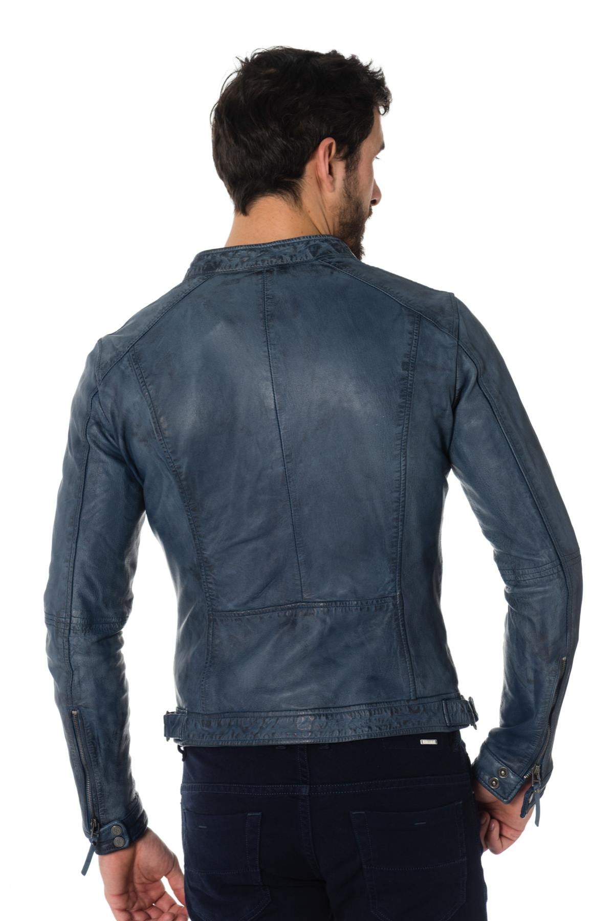 Men's vintage blue leather jacket - Image n°5