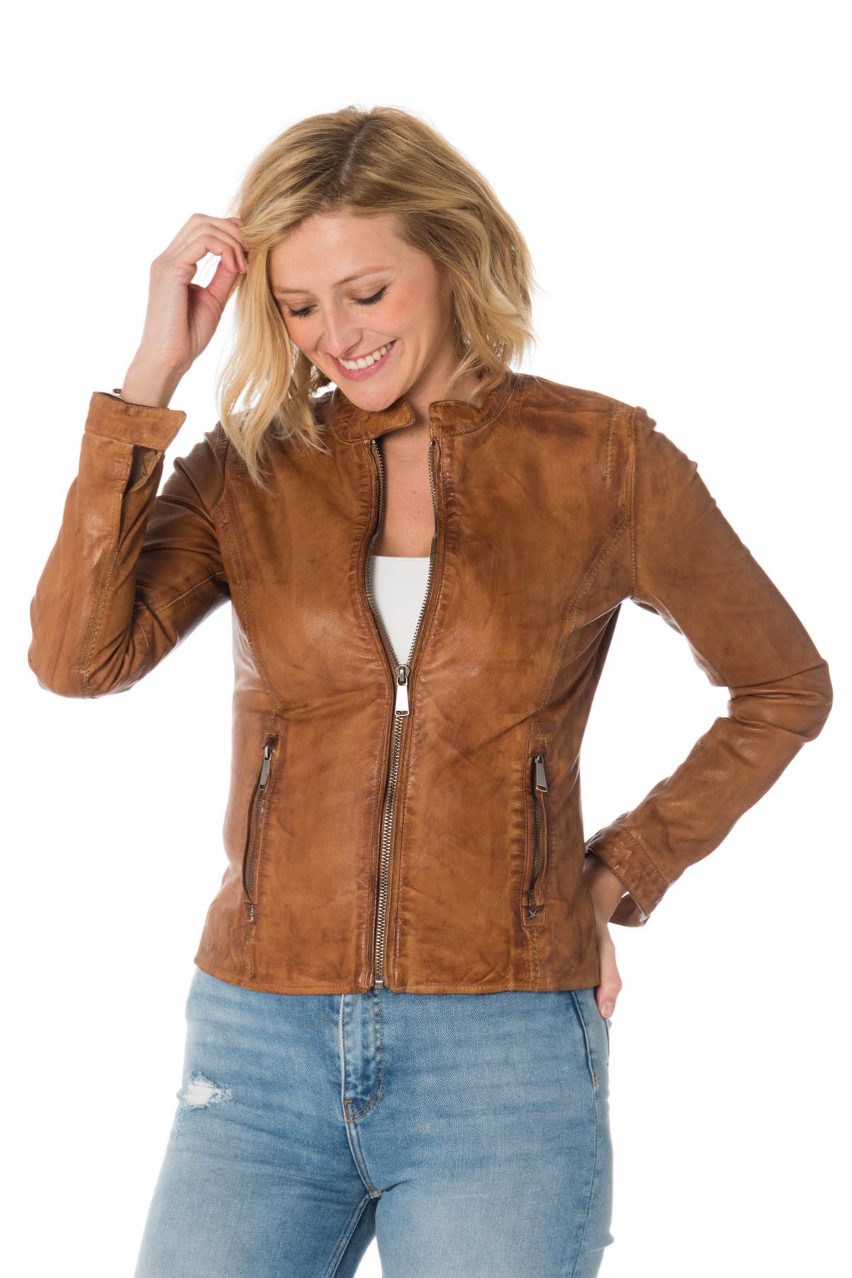 Women's skinny jacket in cognac sheep leather - Image n°1