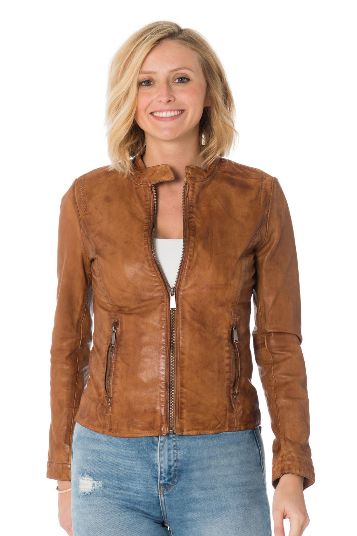 Women's skinny jacket in cognac sheep leather - Image n°4