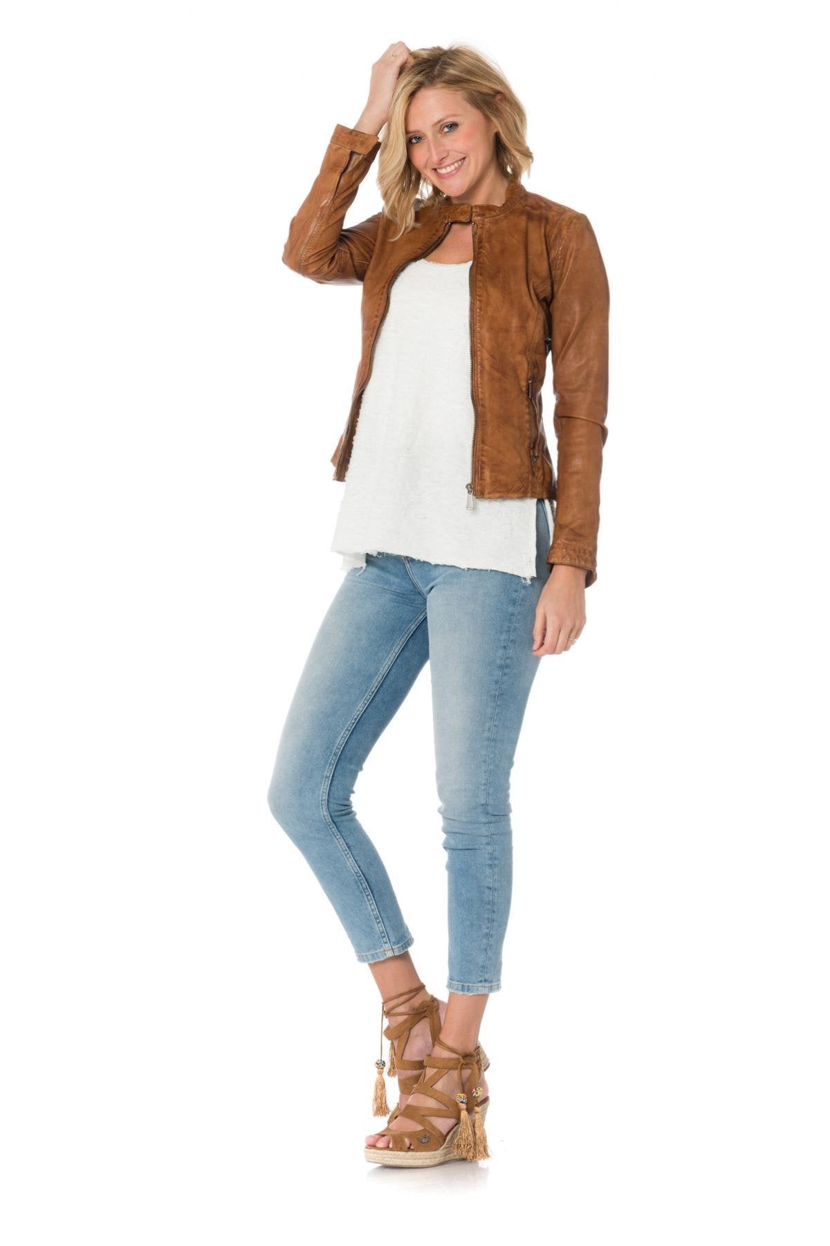 Women's skinny jacket in cognac sheep leather - Image n°2