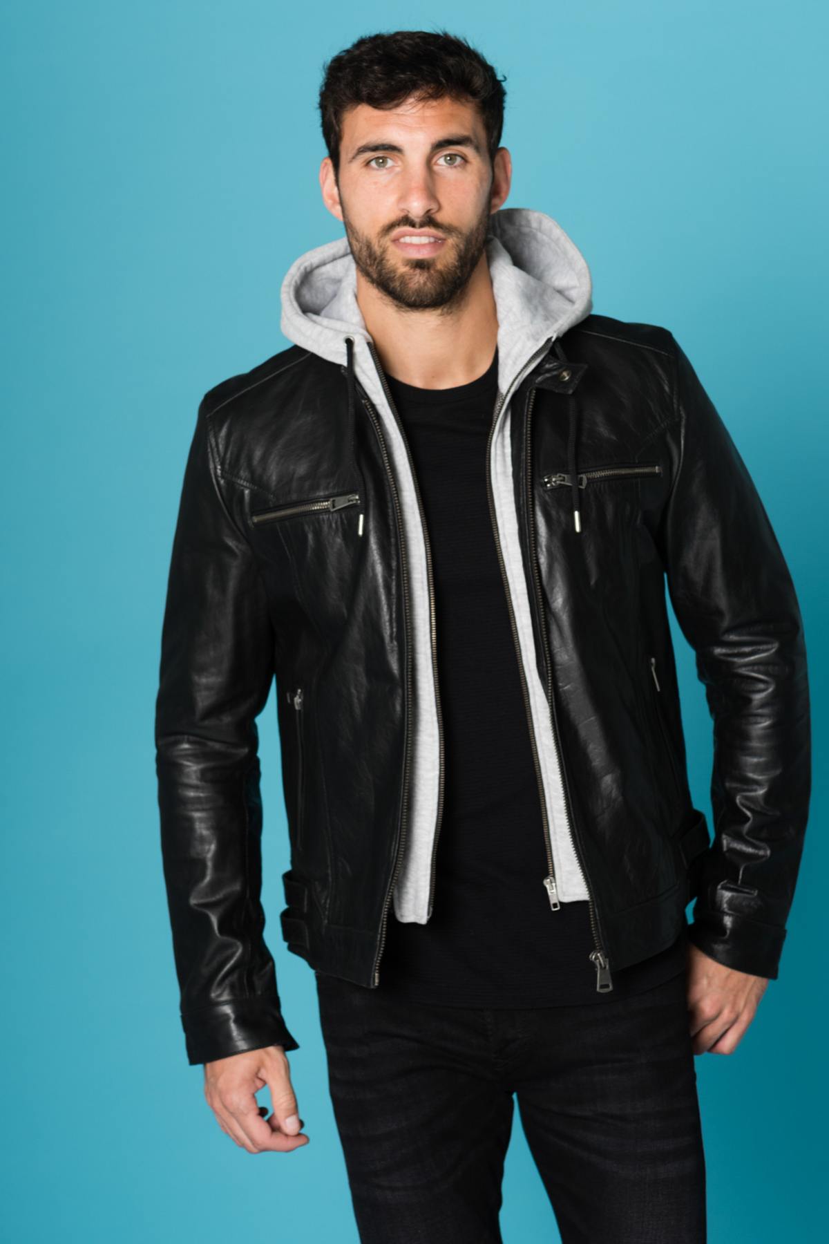 Black buffalo leather jacket with hood Cityzen - Image n°1