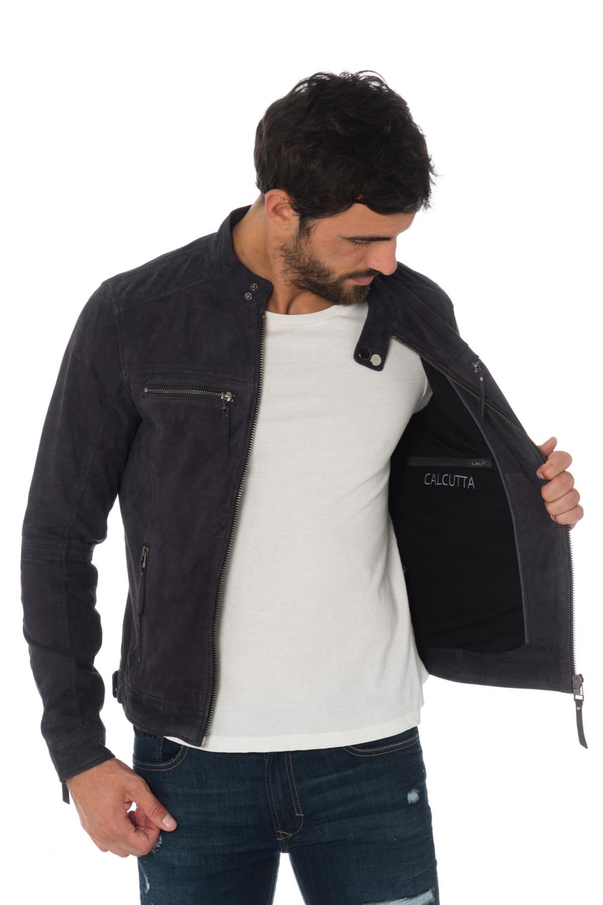  Navy blue suede leather jacket - Image n°7