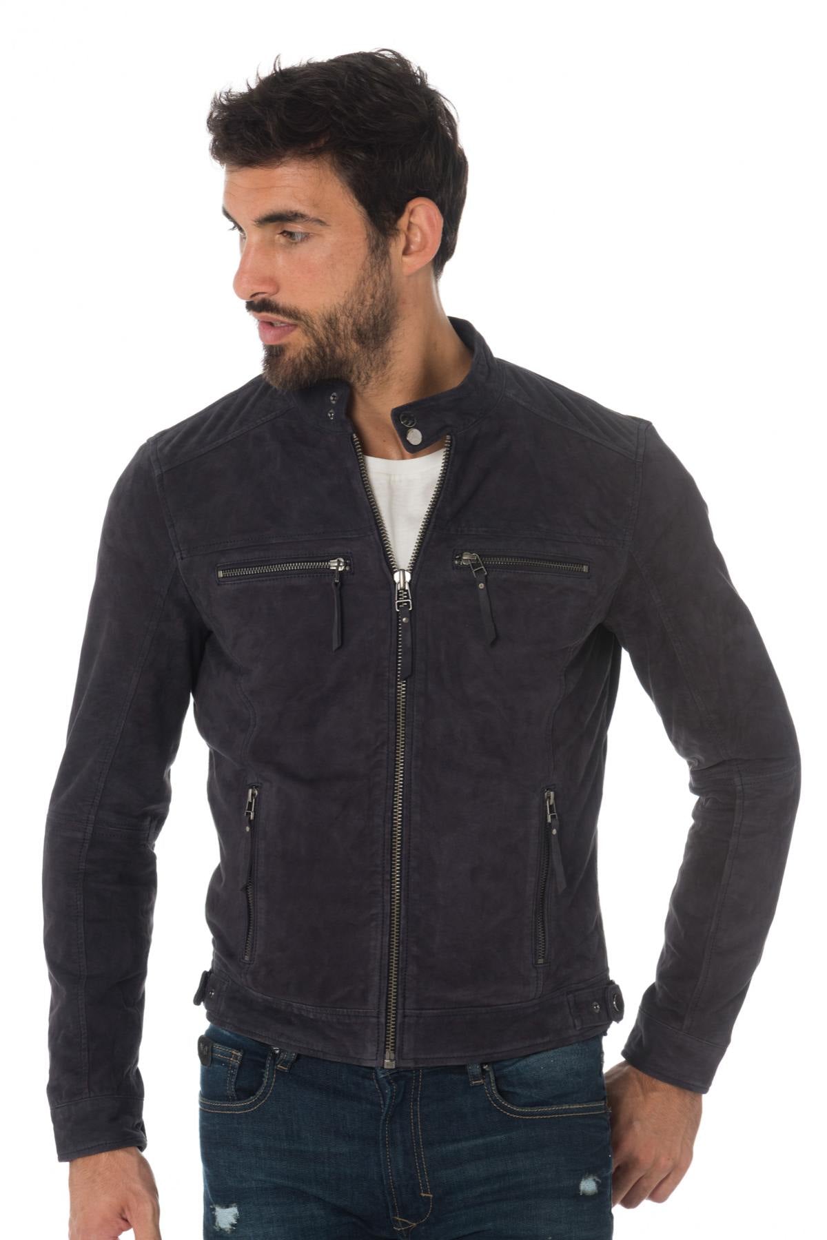  Navy blue suede leather jacket - Image n°1