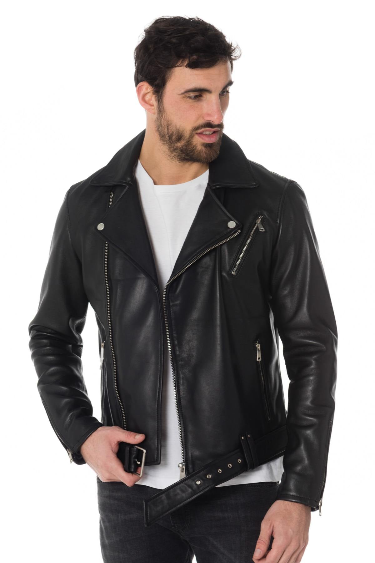  Men's black leather perfecto with belt - Image n°1