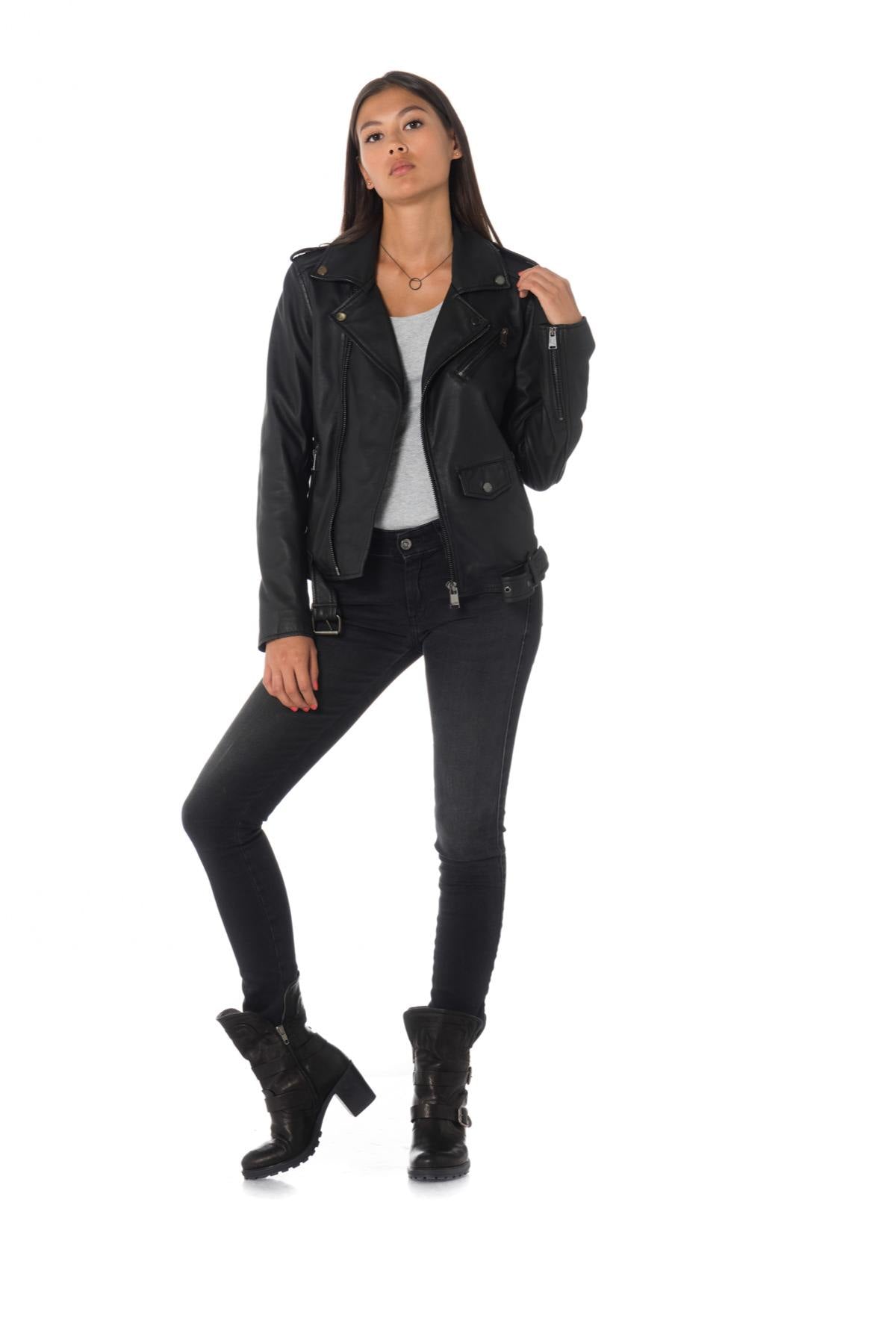 Cityzen women's black sheepskin leather perfecto - Image n°1