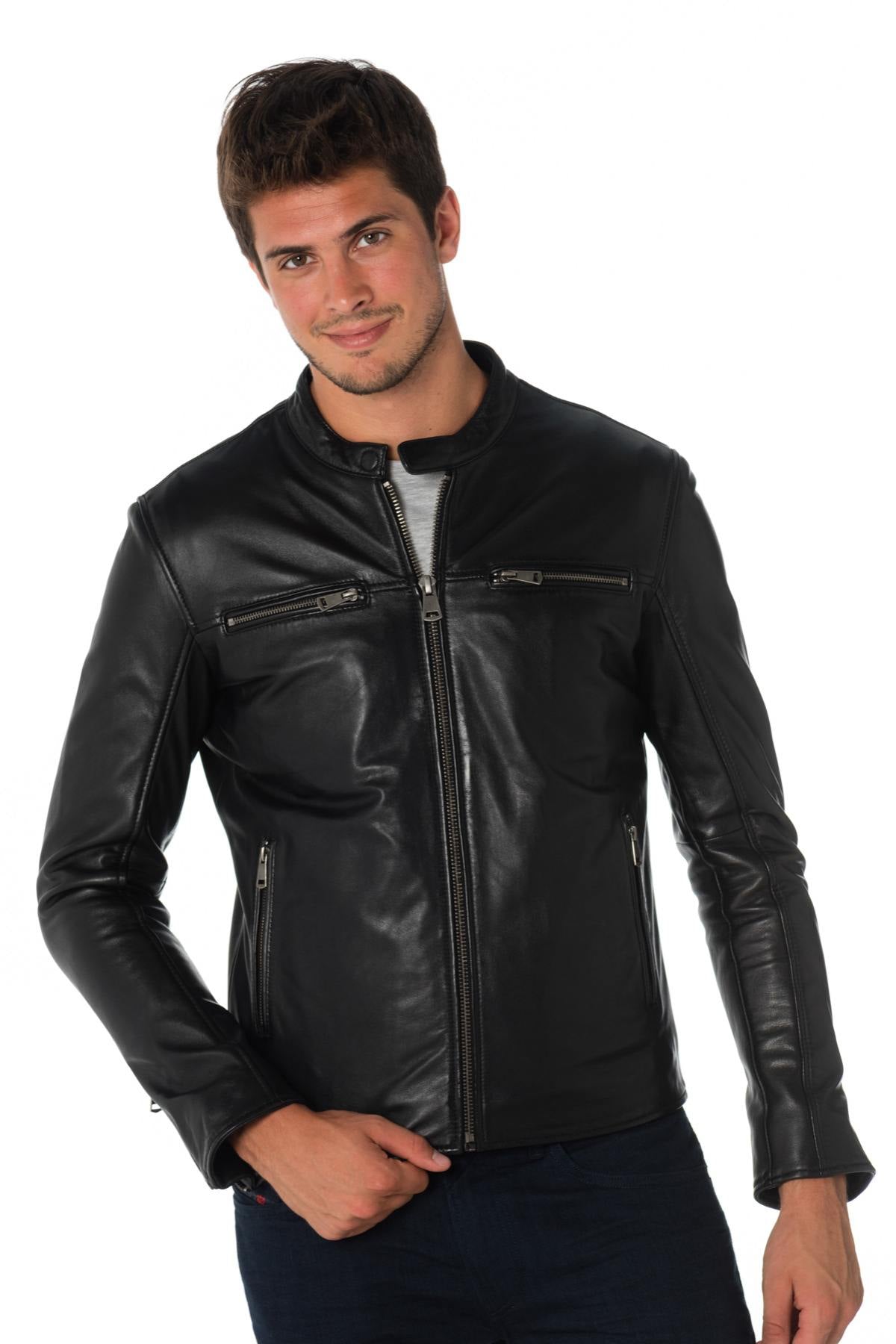 Men's black cowhide leather jacket - Image n°1