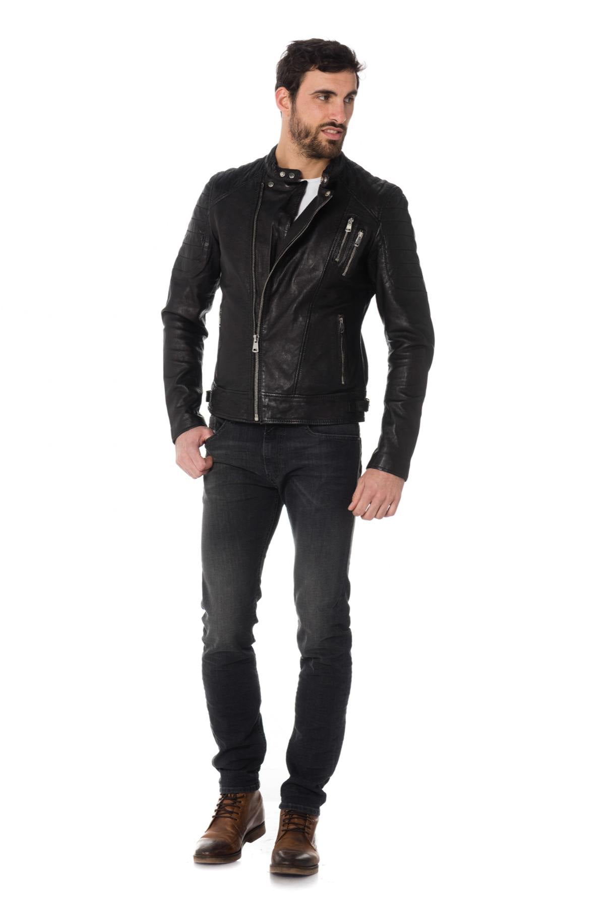 Cityzen black sheepskin leather biker jacket - Image n°2