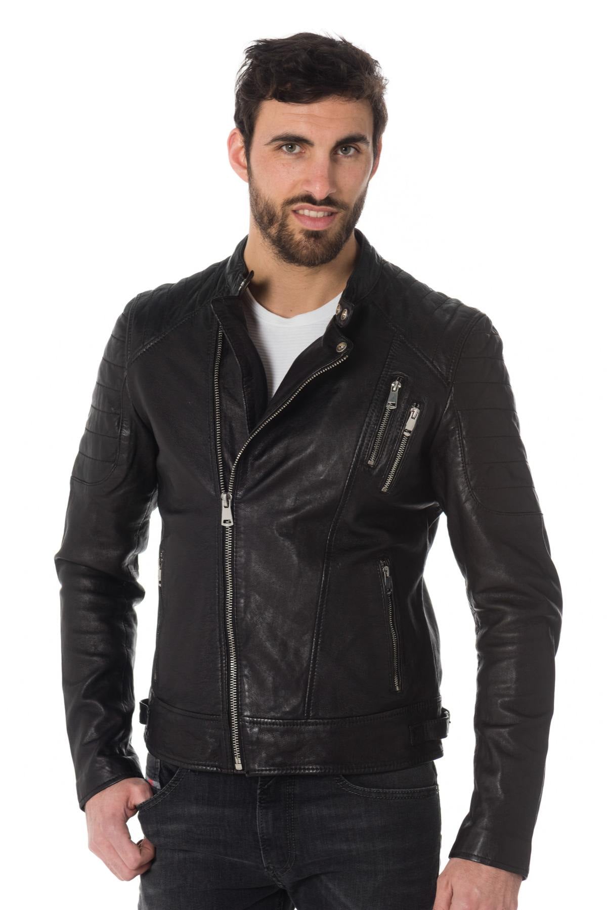 Cityzen black sheepskin leather biker jacket - Image n°3