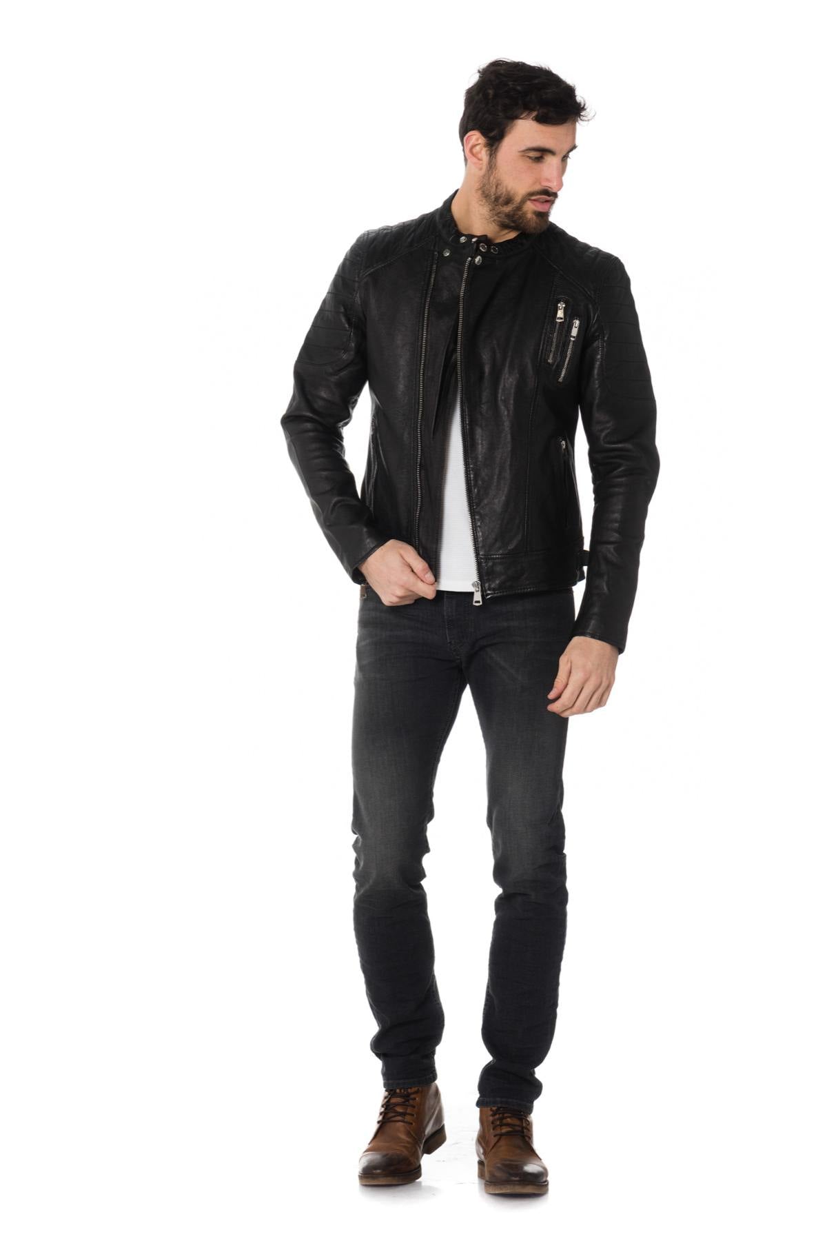 Cityzen black sheepskin leather biker jacket - Image n°4