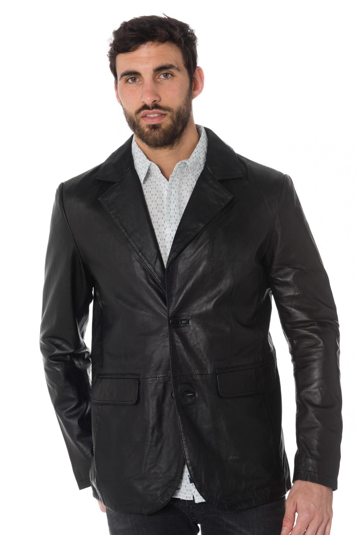 Men's black sheepskin leather blazer - Image n°1