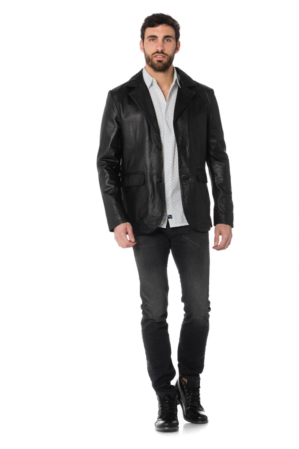 Men's black sheepskin leather blazer - Image n°2