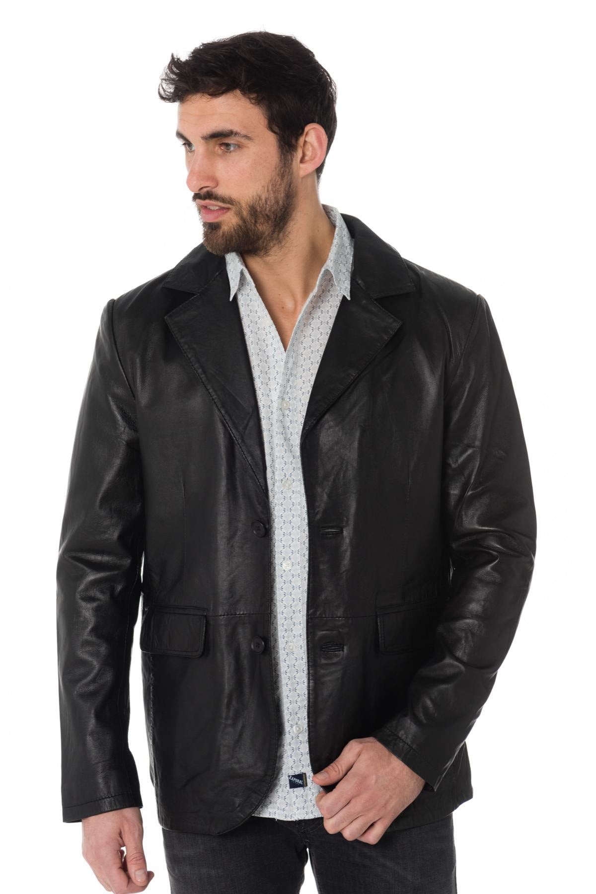 Men's black sheepskin leather blazer - Image n°3