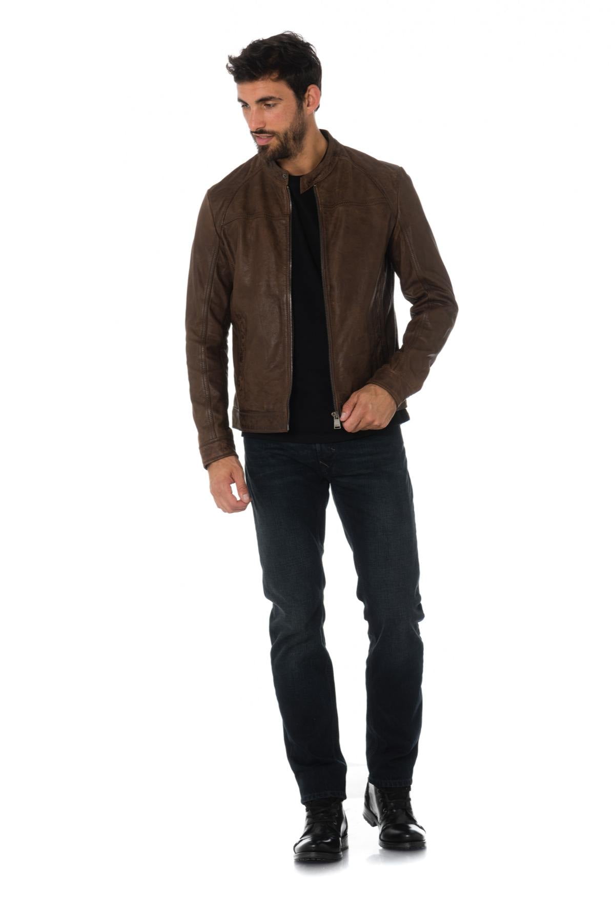 Men's aged brown buffalo leather jacket - Image n°2