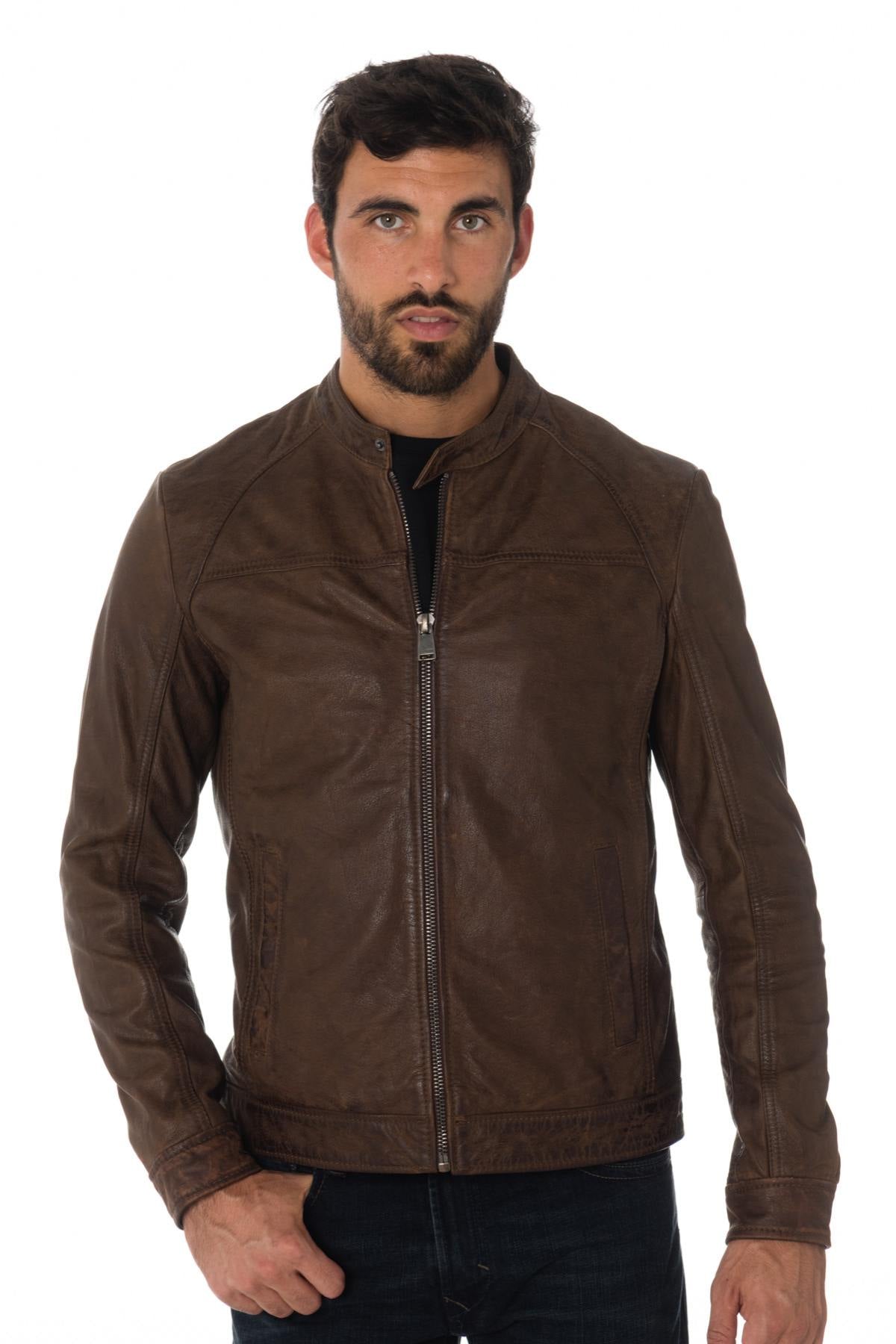 Men's aged brown buffalo leather jacket - Image n°6